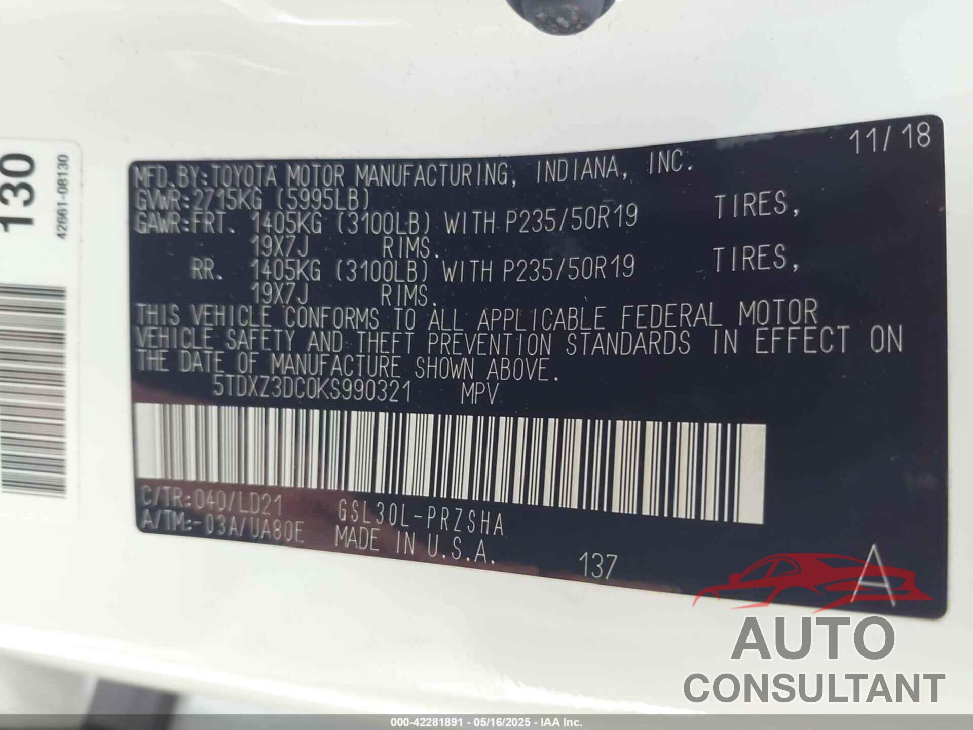 TOYOTA SIENNA 2019 - 5TDXZ3DC0KS990321
