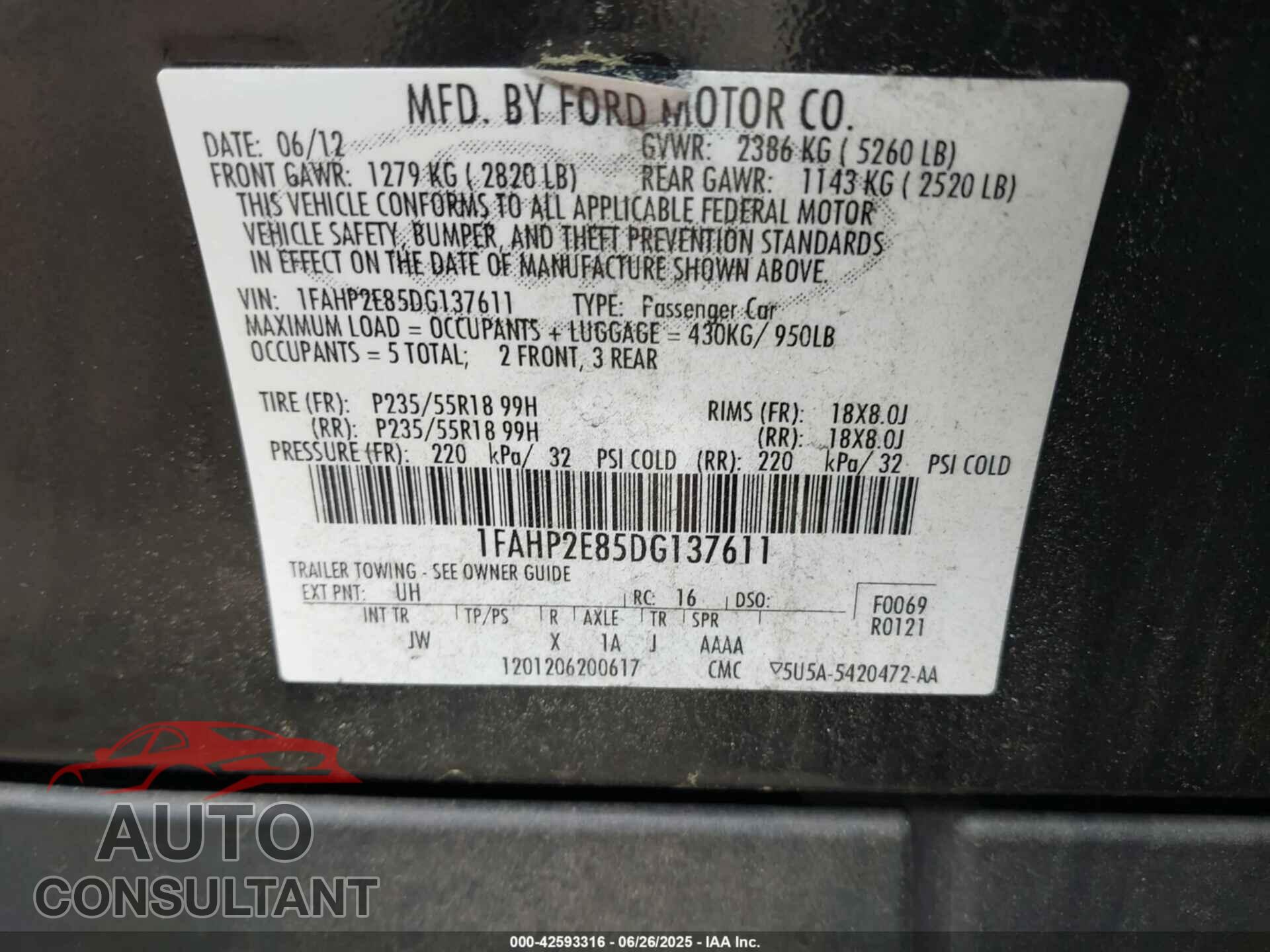 FORD TAURUS 2013 - 1FAHP2E85DG137611