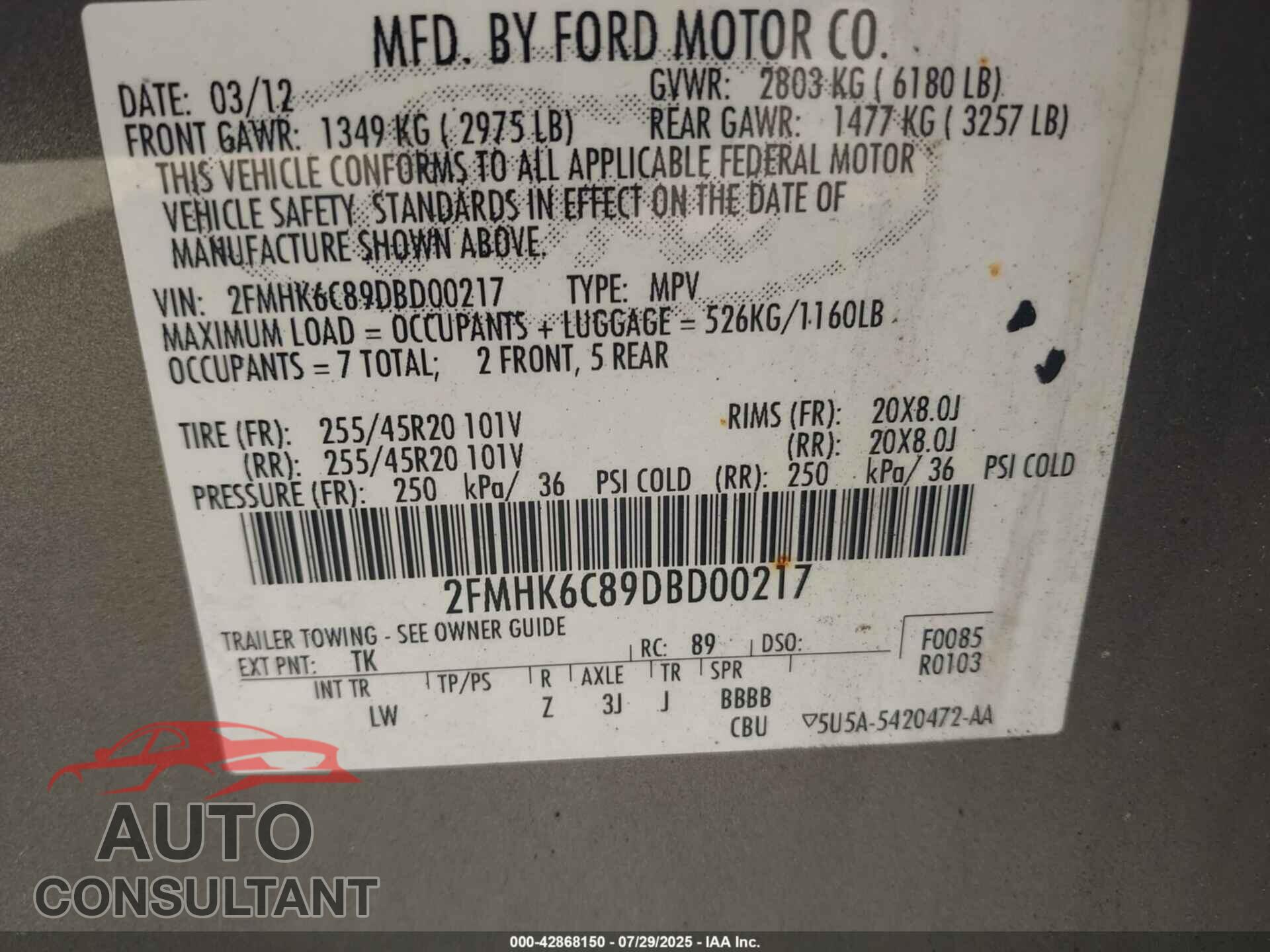 FORD FLEX 2013 - 2FMHK6C89DBD00217