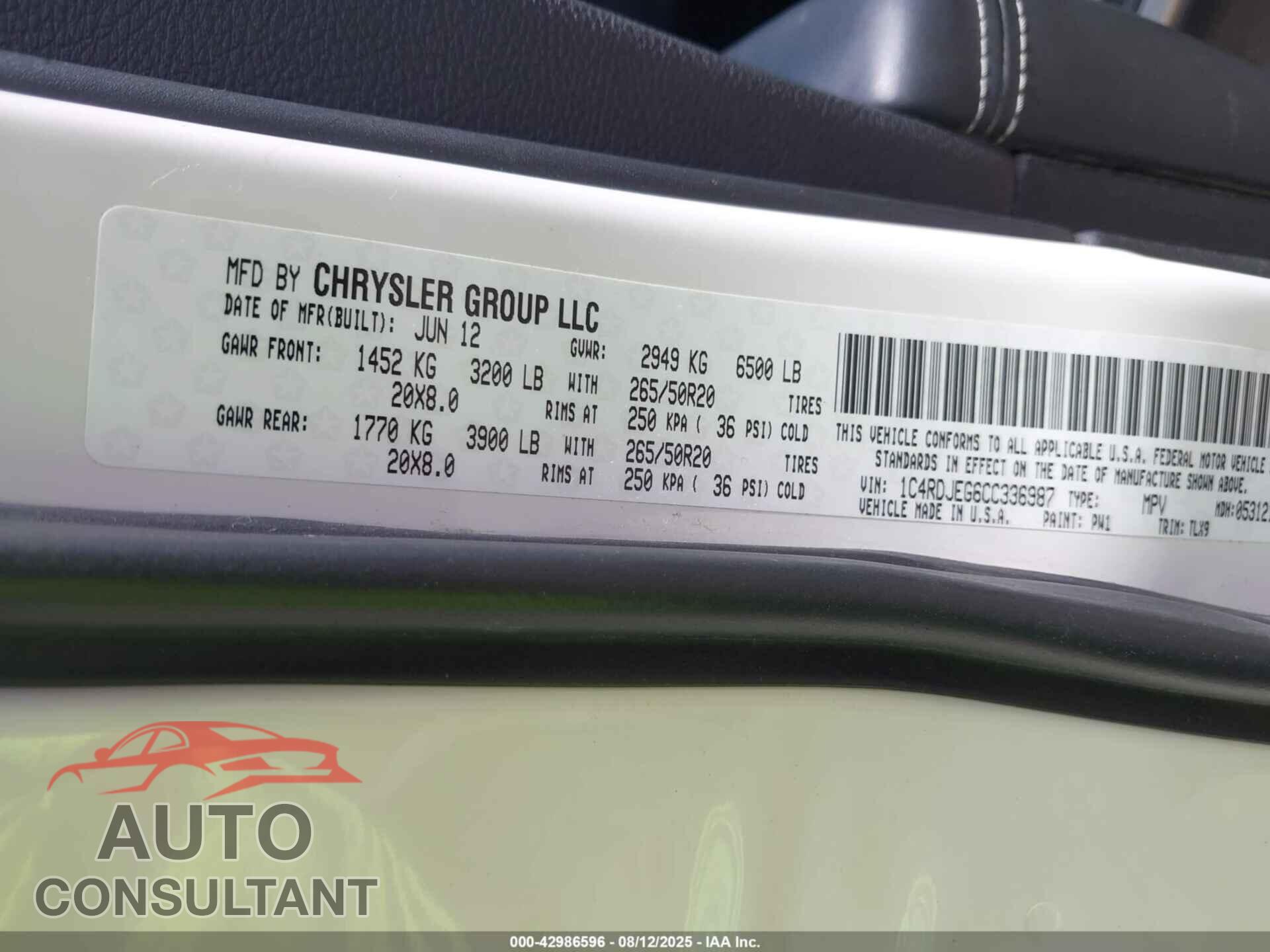 DODGE DURANGO 2012 - 1C4RDJEG6CC336987