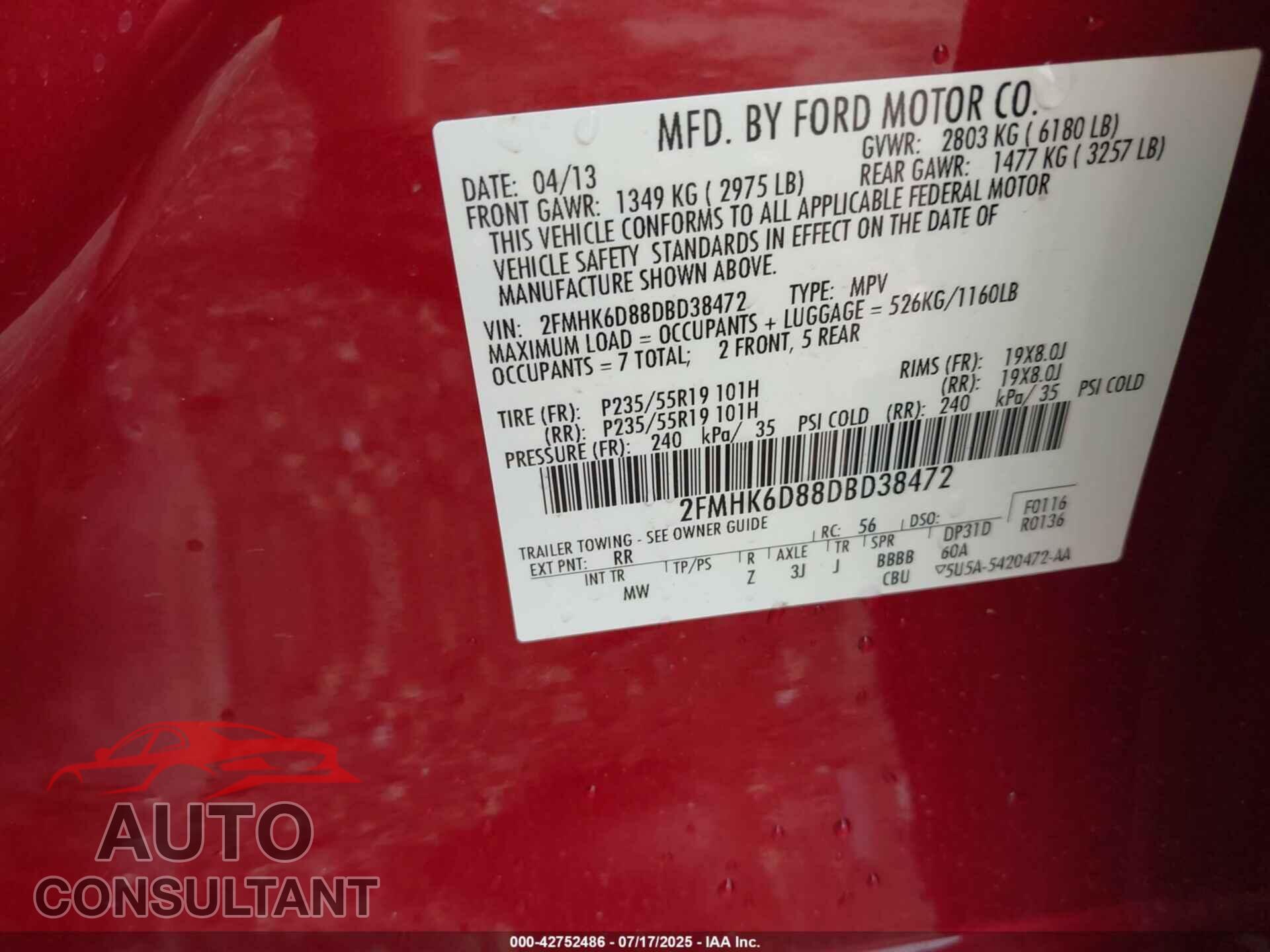 FORD FLEX 2013 - 2FMHK6D88DBD38472