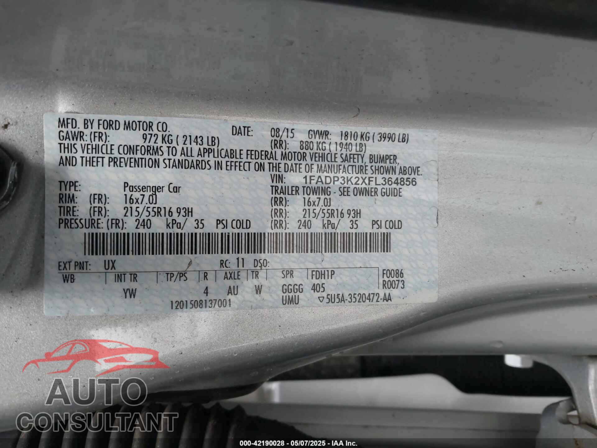FORD FOCUS 2015 - 1FADP3K2XFL364856