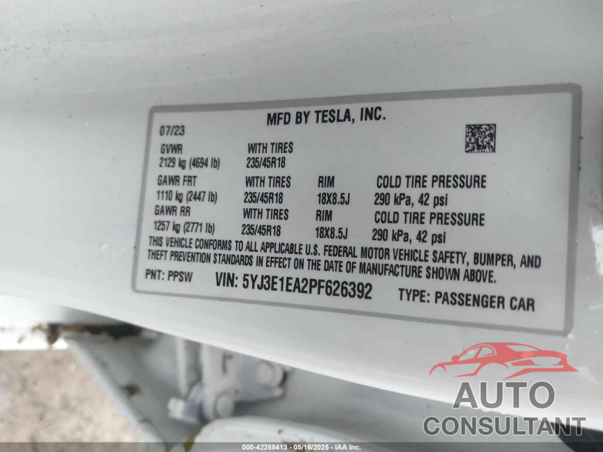 TESLA MODEL 3 2023 - 5YJ3E1EA2PF626392