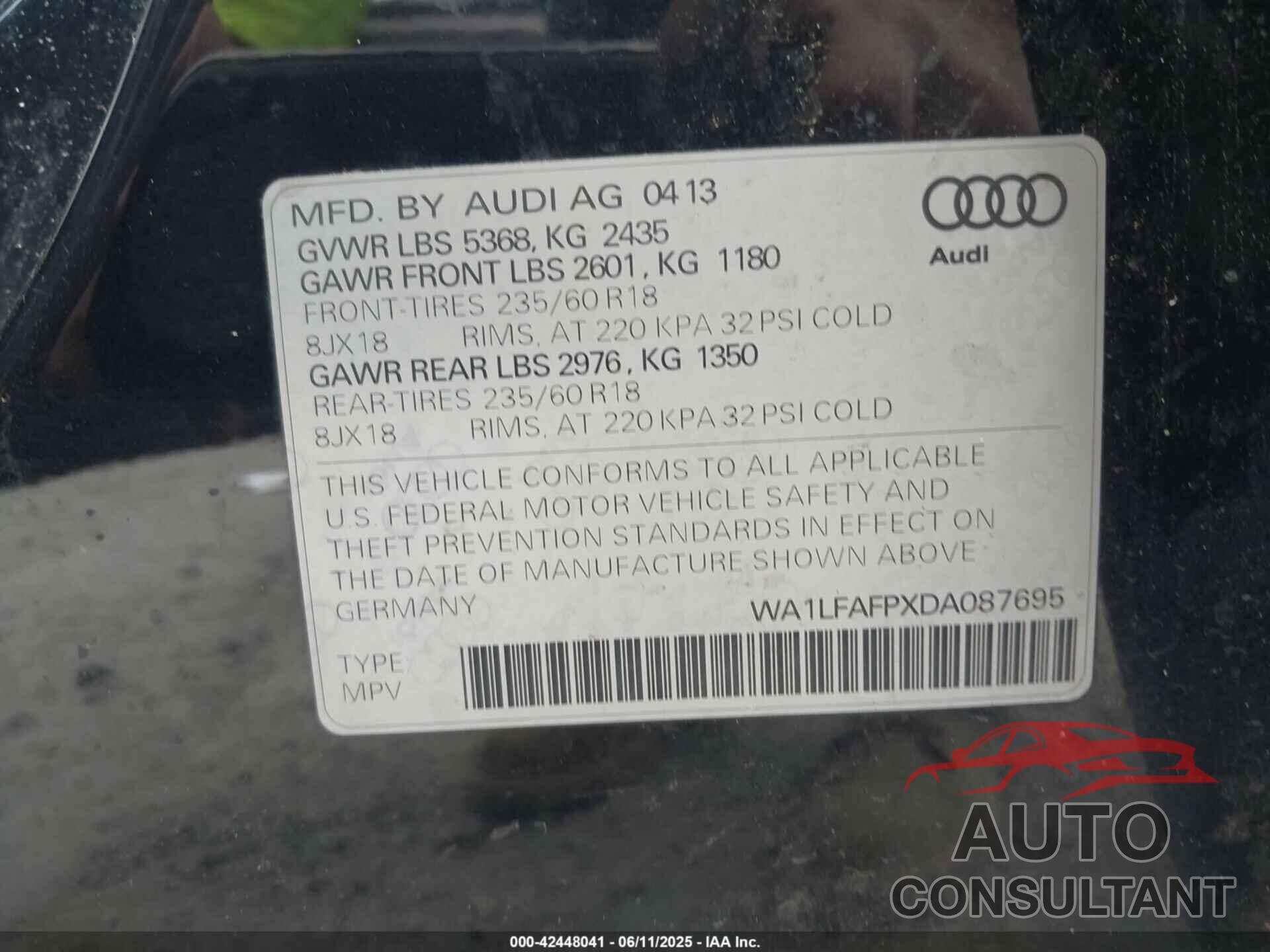 AUDI Q5 2013 - WA1LFAFPXDA087695