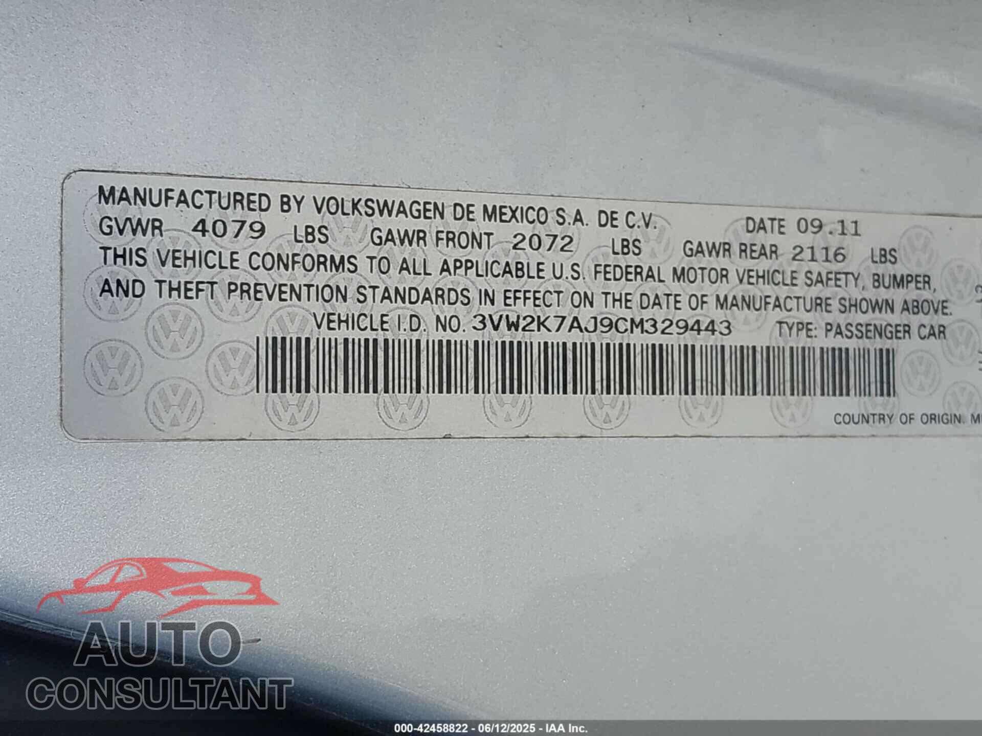VOLKSWAGEN JETTA 2012 - 3VW2K7AJ9CM329443