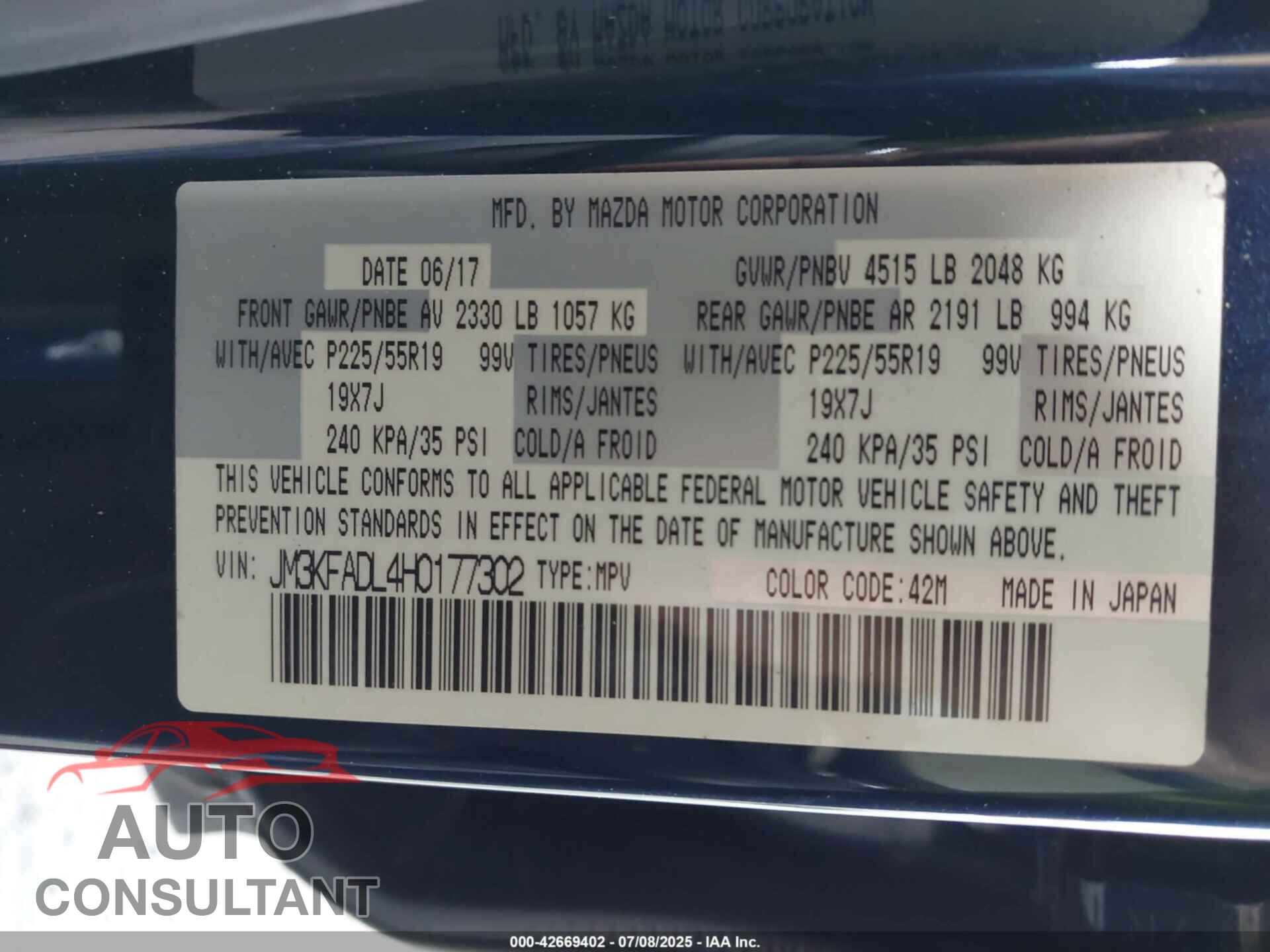 MAZDA CX-5 2017 - JM3KFADL4H0177302