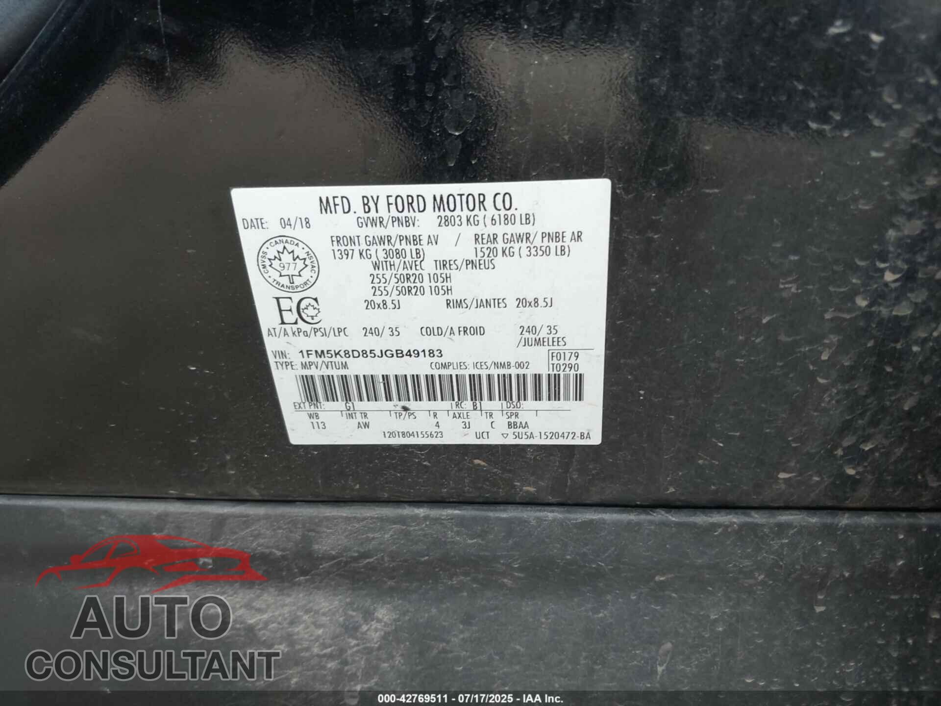 FORD EXPLORER 2018 - 1FM5K8D85JGB49183
