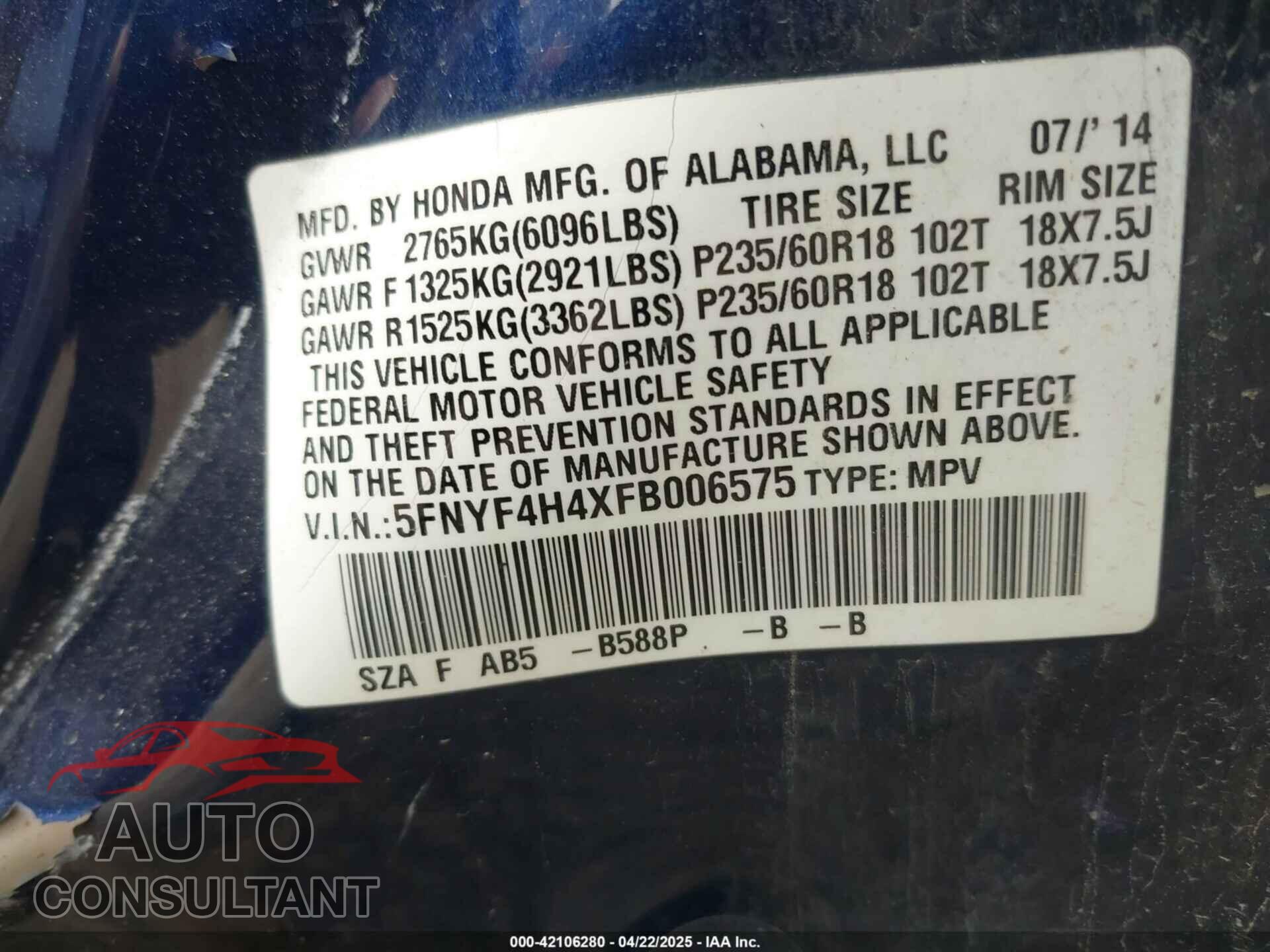 HONDA PILOT 2015 - 5FNYF4H4XFB006575