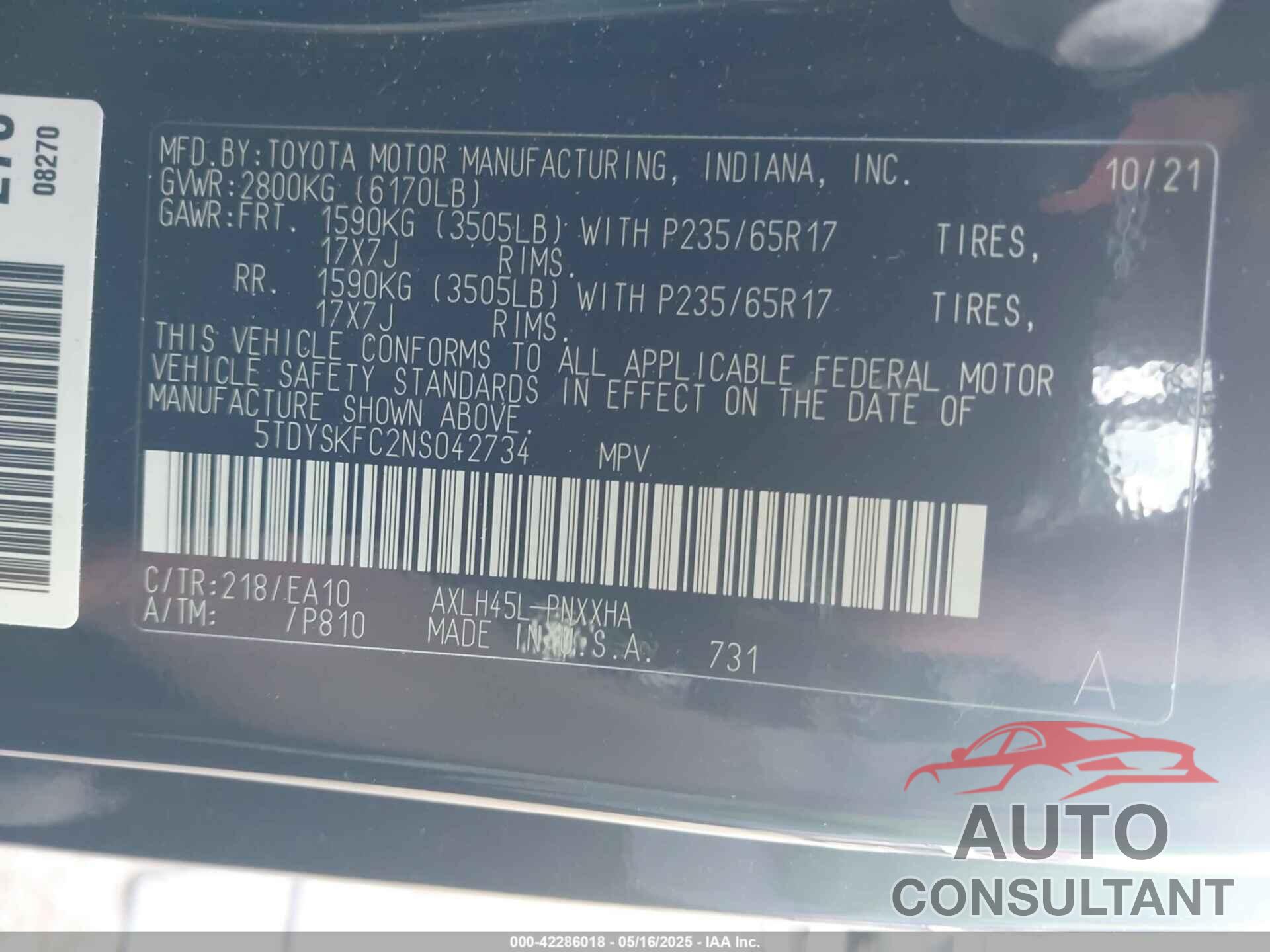 TOYOTA SIENNA 2022 - 5TDYSKFC2NS042734