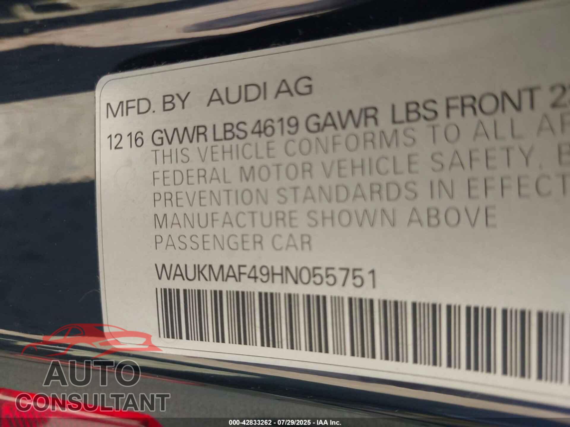 AUDI A4 2017 - WAUKMAF49HN055751