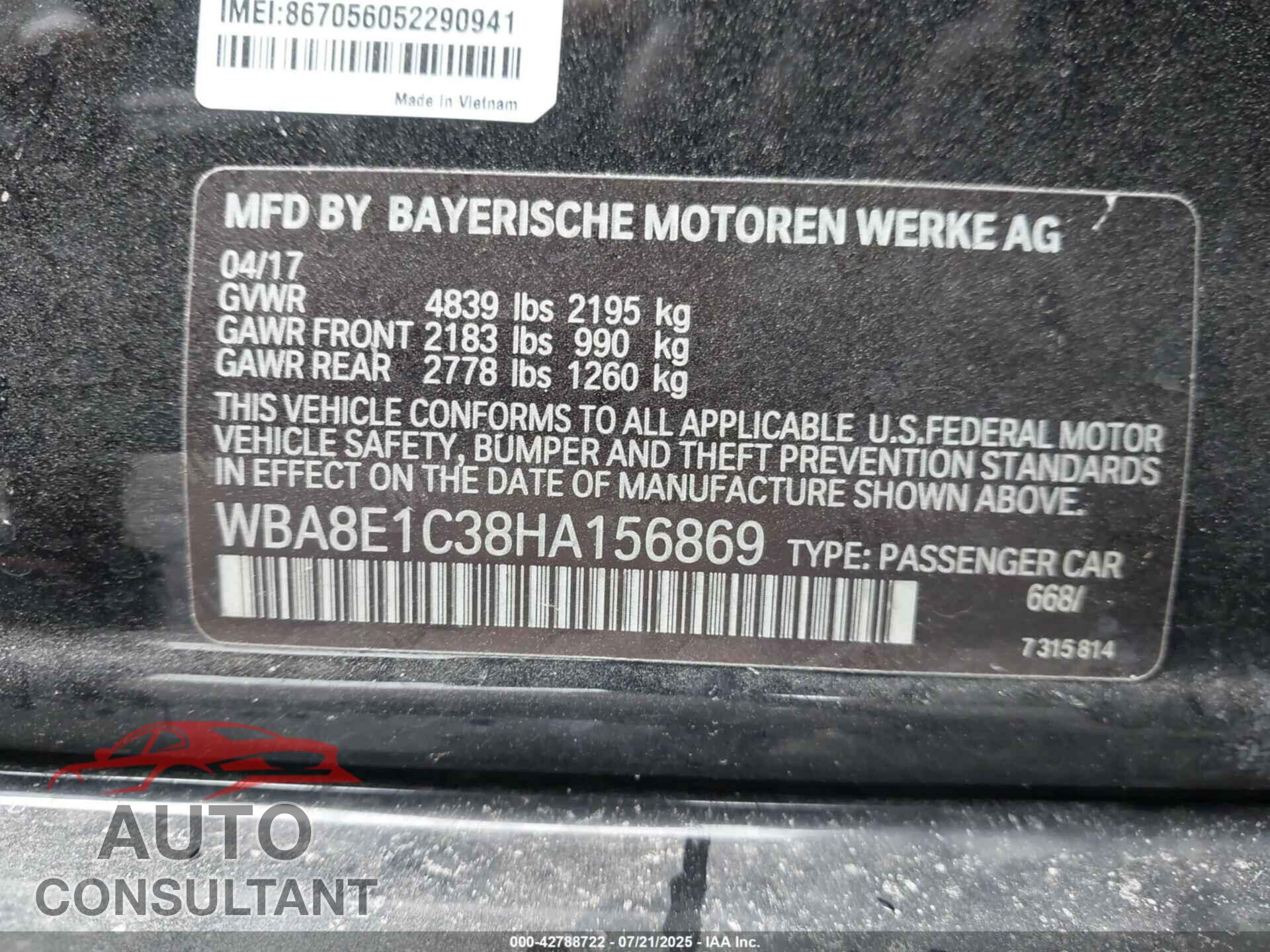 BMW 330E 2017 - WBA8E1C38HA156869