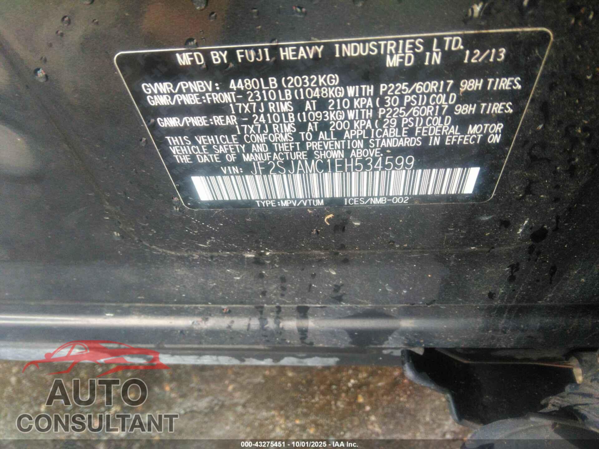 SUBARU FORESTER 2014 - JF2SJAMC1EH534599