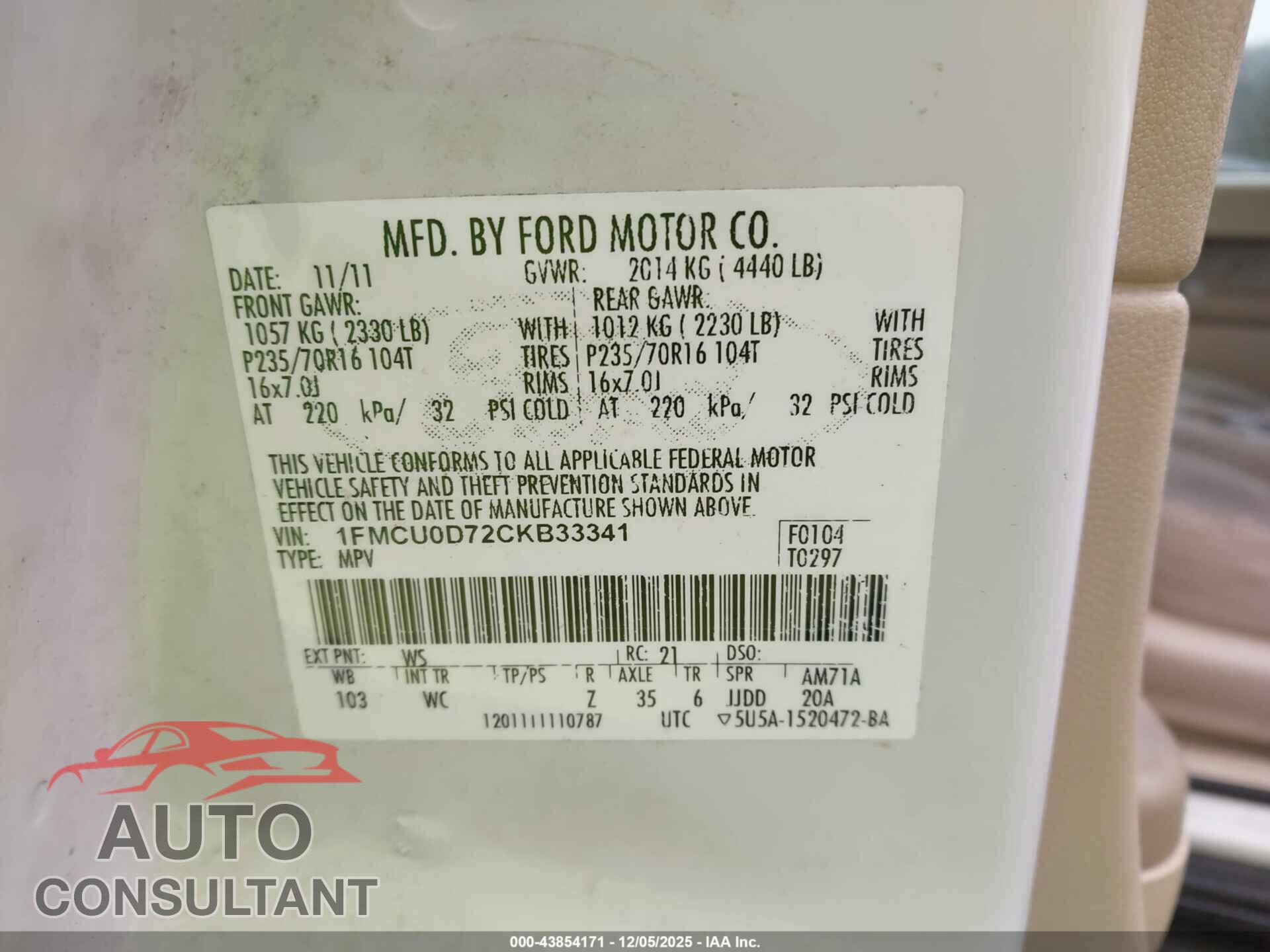FORD ESCAPE 2012 - 1FMCU0D72CKB33341