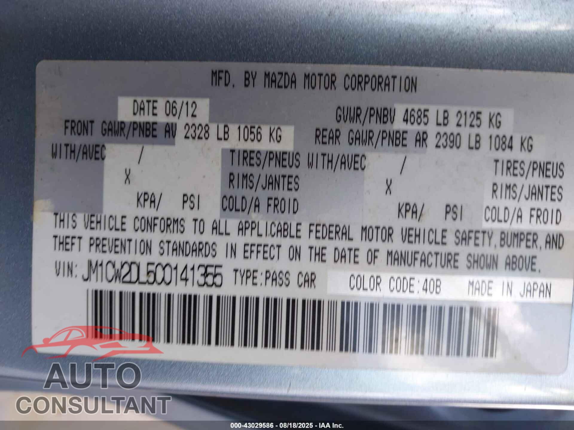 MAZDA MAZDA5 2012 - JM1CW2DL5C0141355