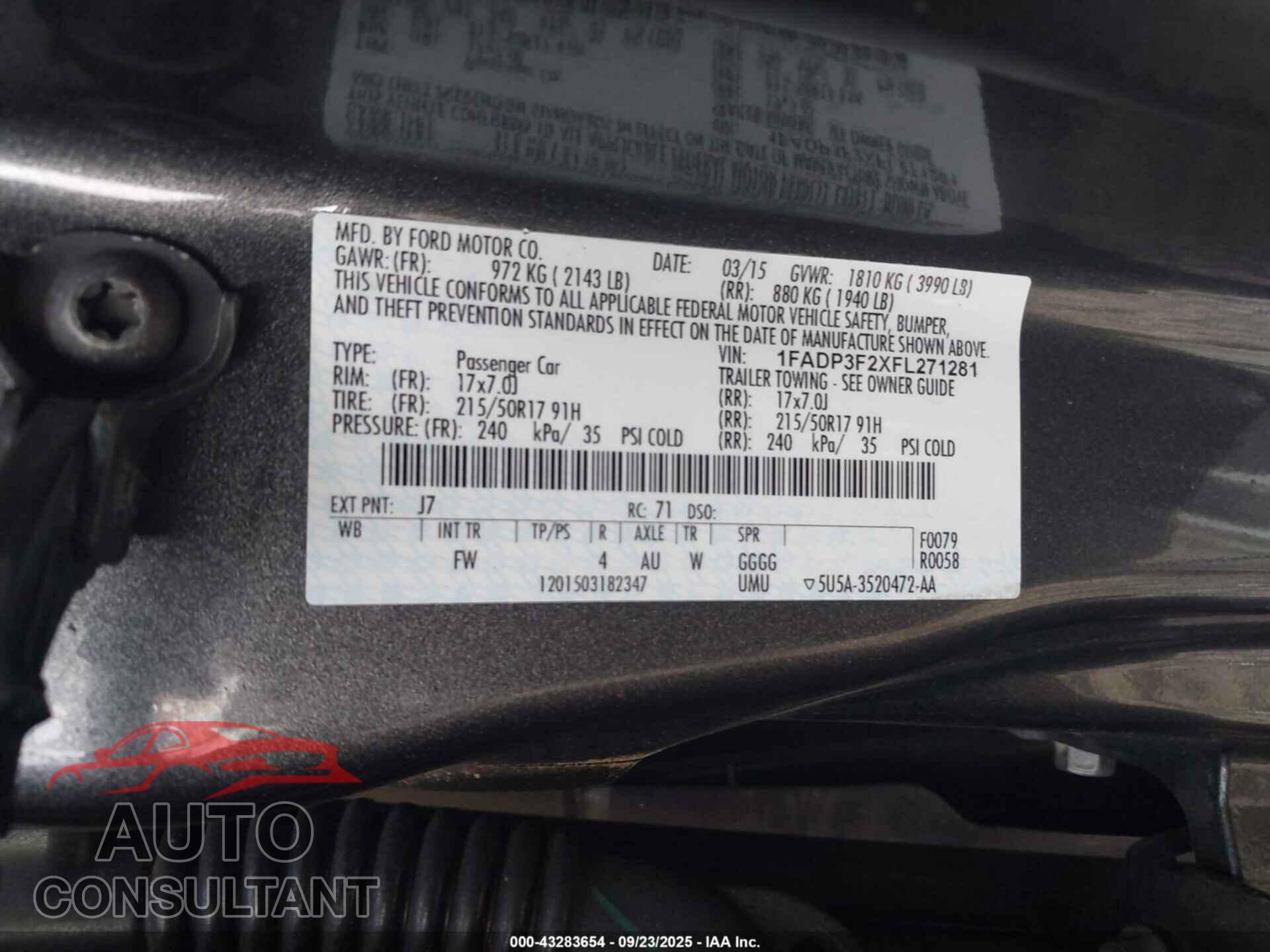 FORD FOCUS 2015 - 1FADP3F2XFL271281