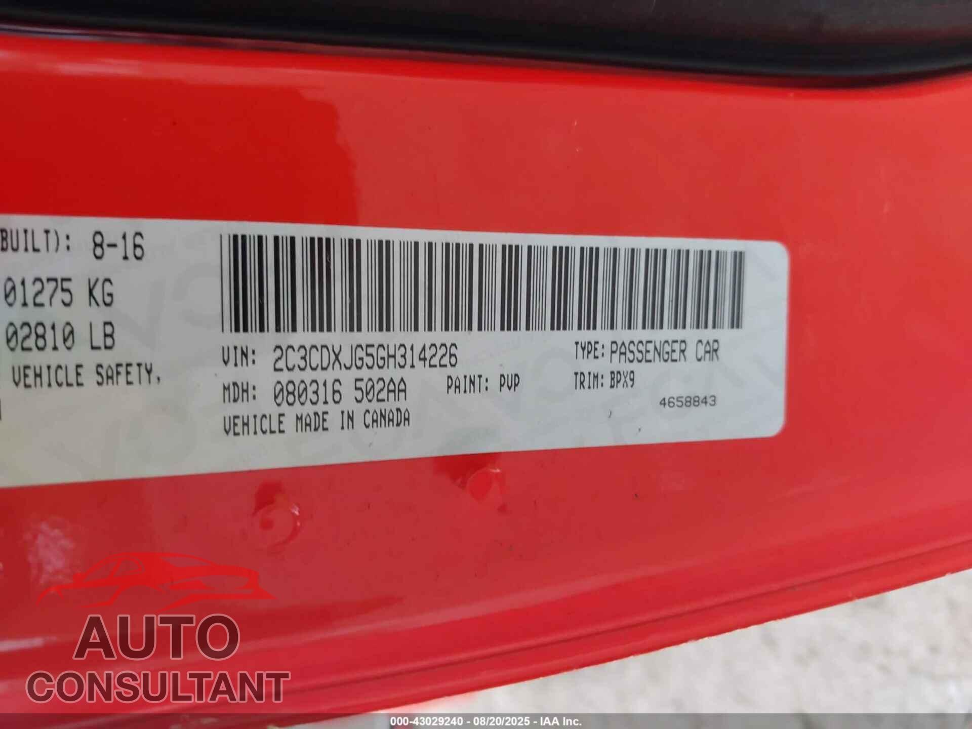DODGE CHARGER 2016 - 2C3CDXJG5GH314226