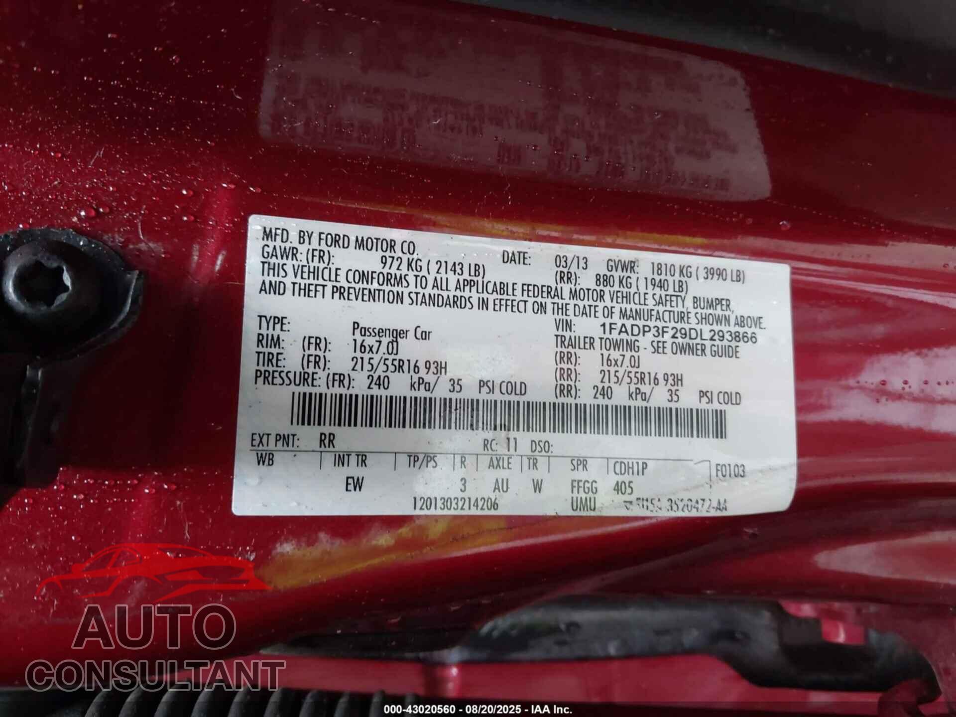 FORD FOCUS 2013 - 1FADP3F29DL293866