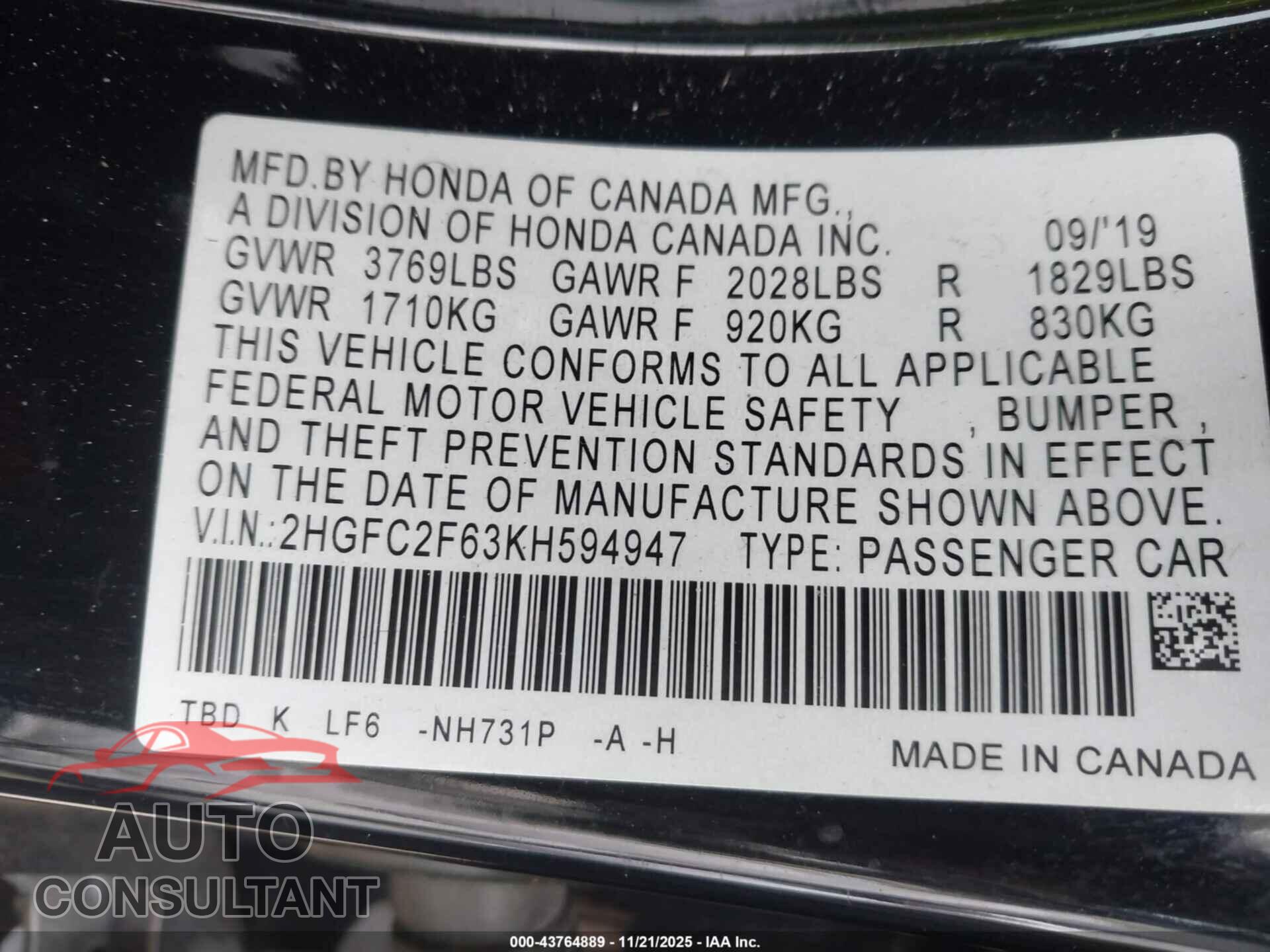 HONDA CIVIC 2019 - 2HGFC2F63KH594947