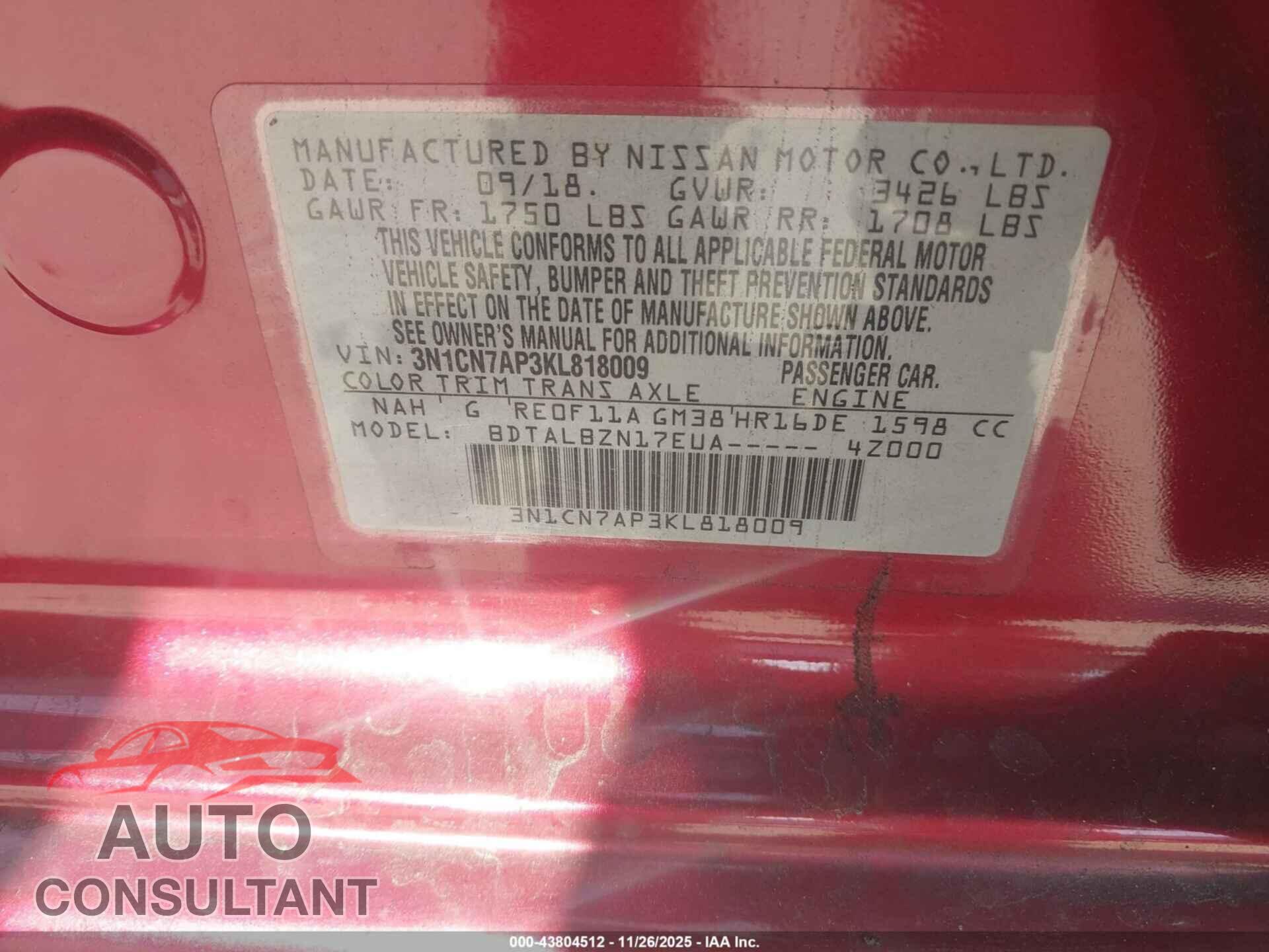 NISSAN VERSA 2019 - 3N1CN7AP3KL818009