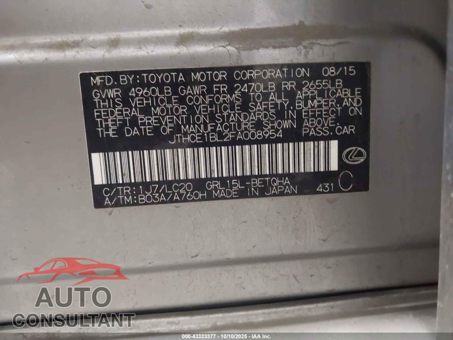 LEXUS GS 350 2015 - JTHCE1BL2FA008954