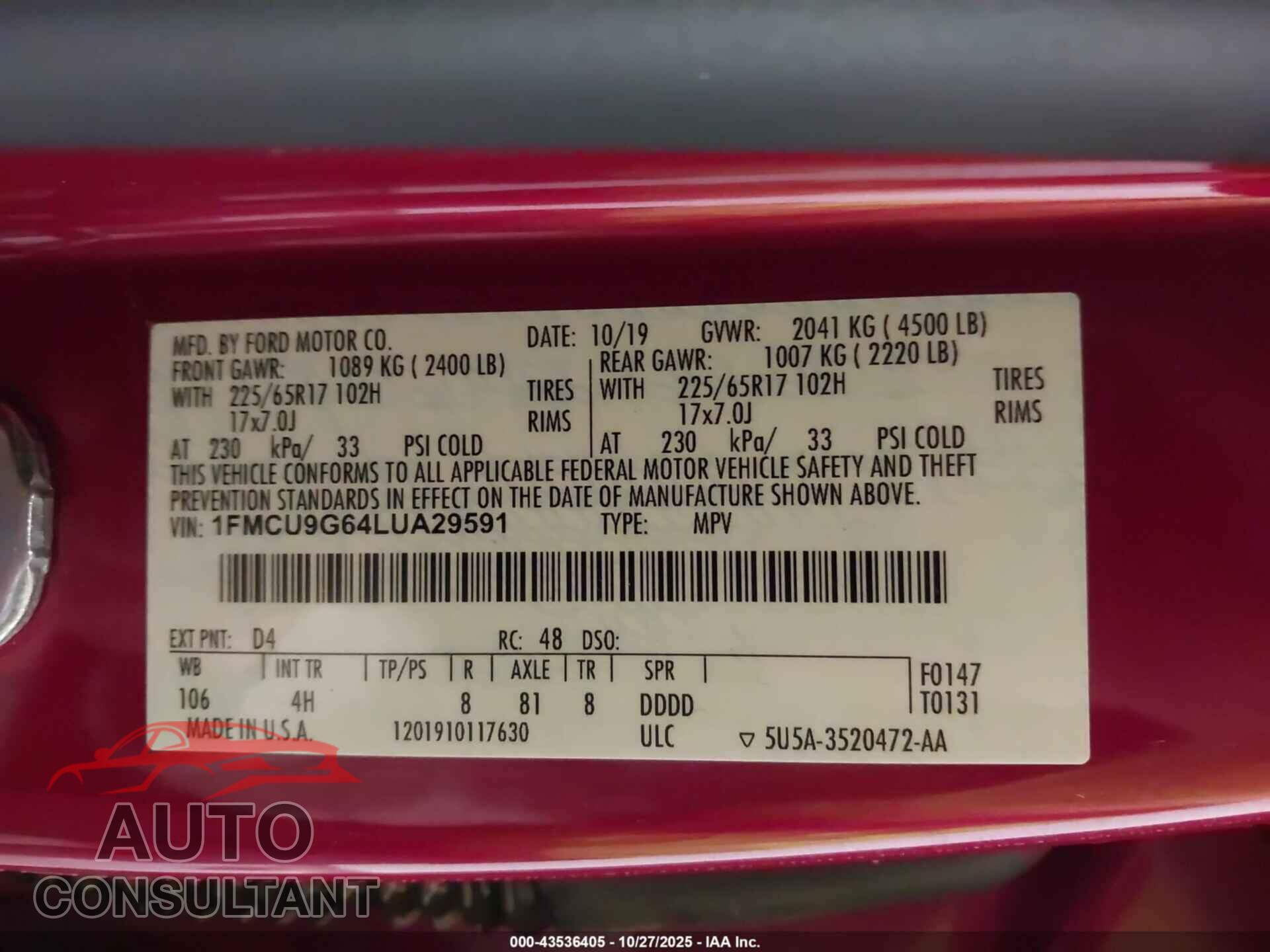 FORD ESCAPE 2020 - 1FMCU9G64LUA29591