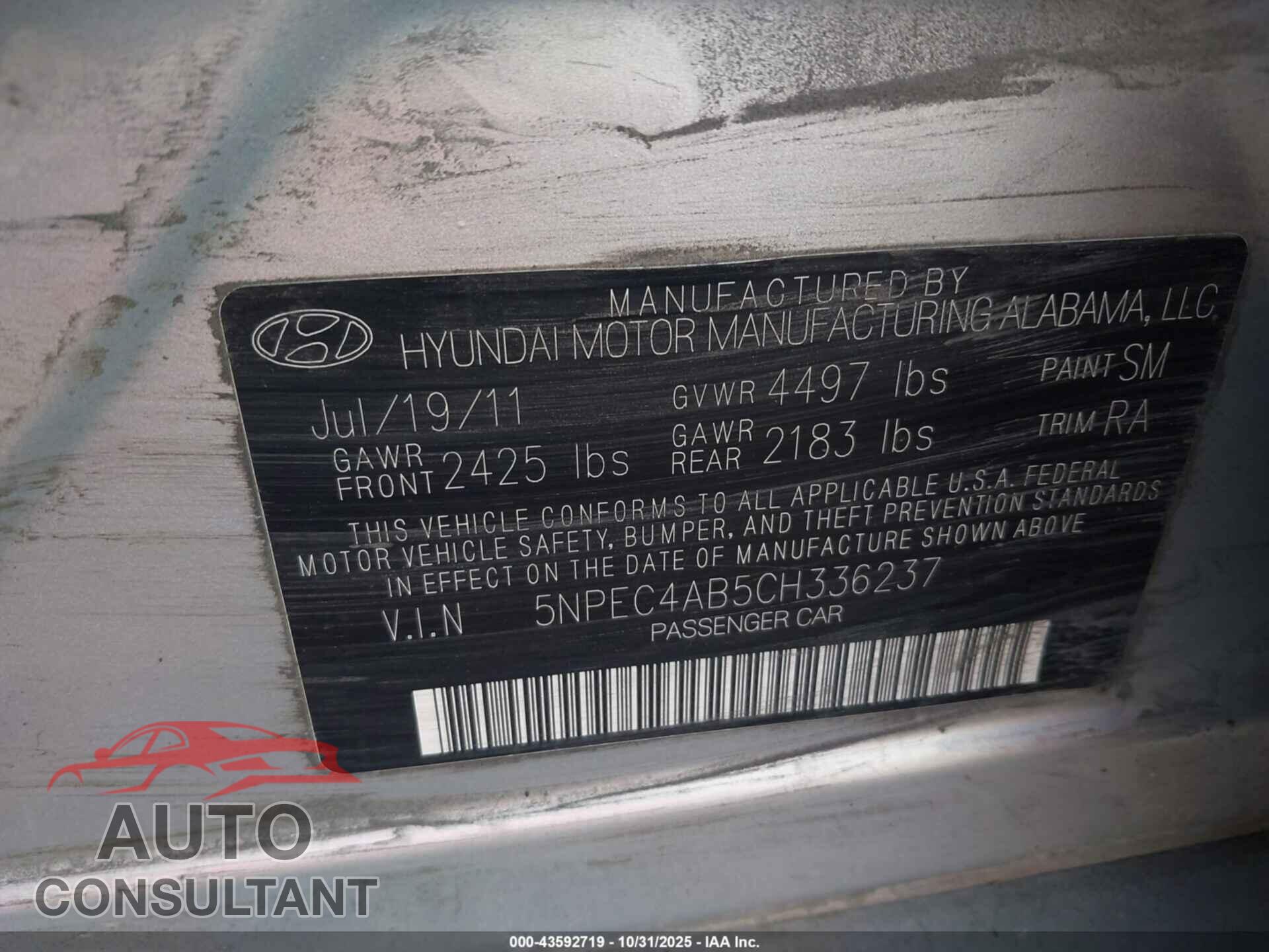 HYUNDAI SONATA 2012 - 5NPEC4AB5CH336237