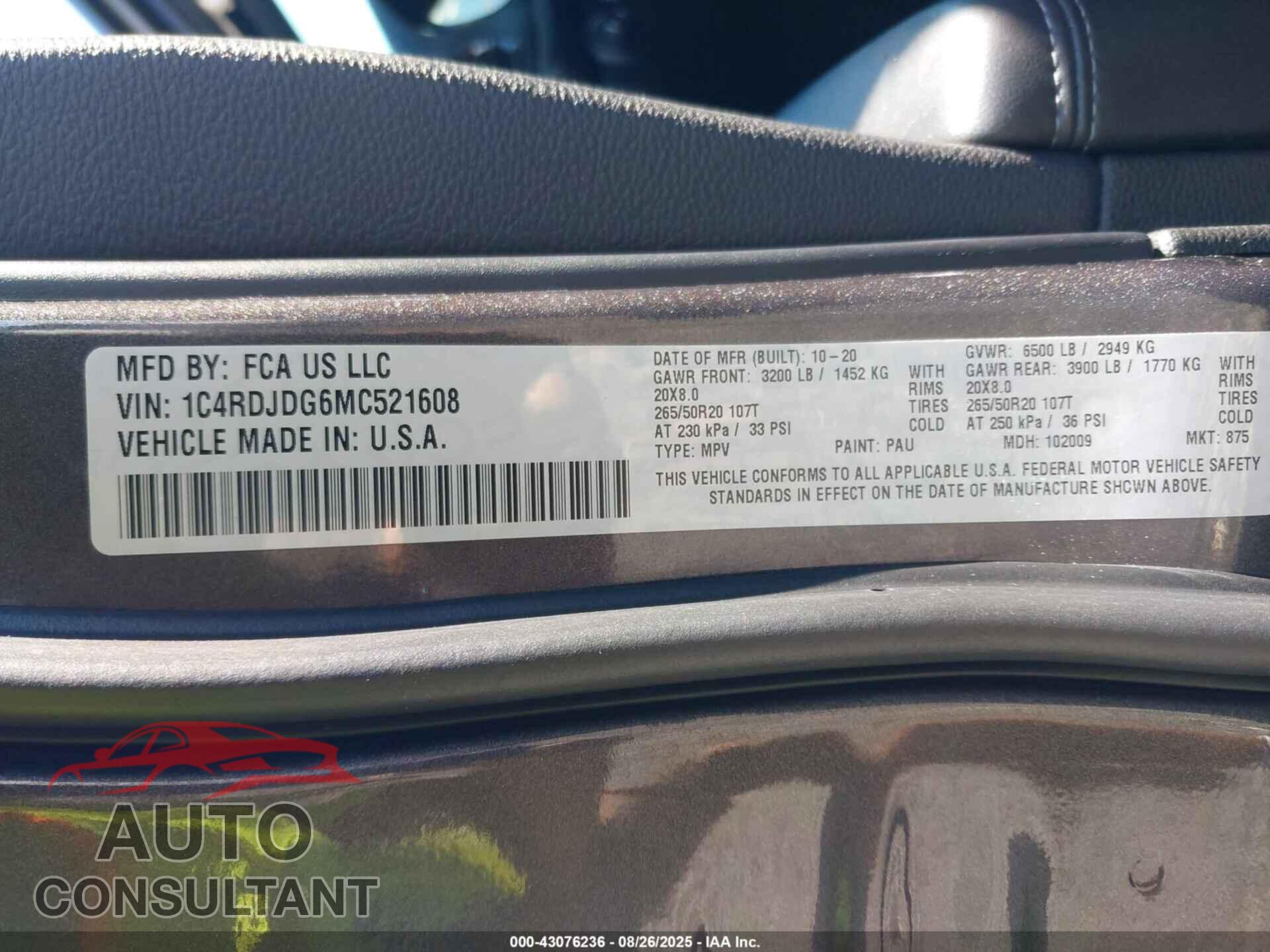 DODGE DURANGO 2021 - 1C4RDJDG6MC521608