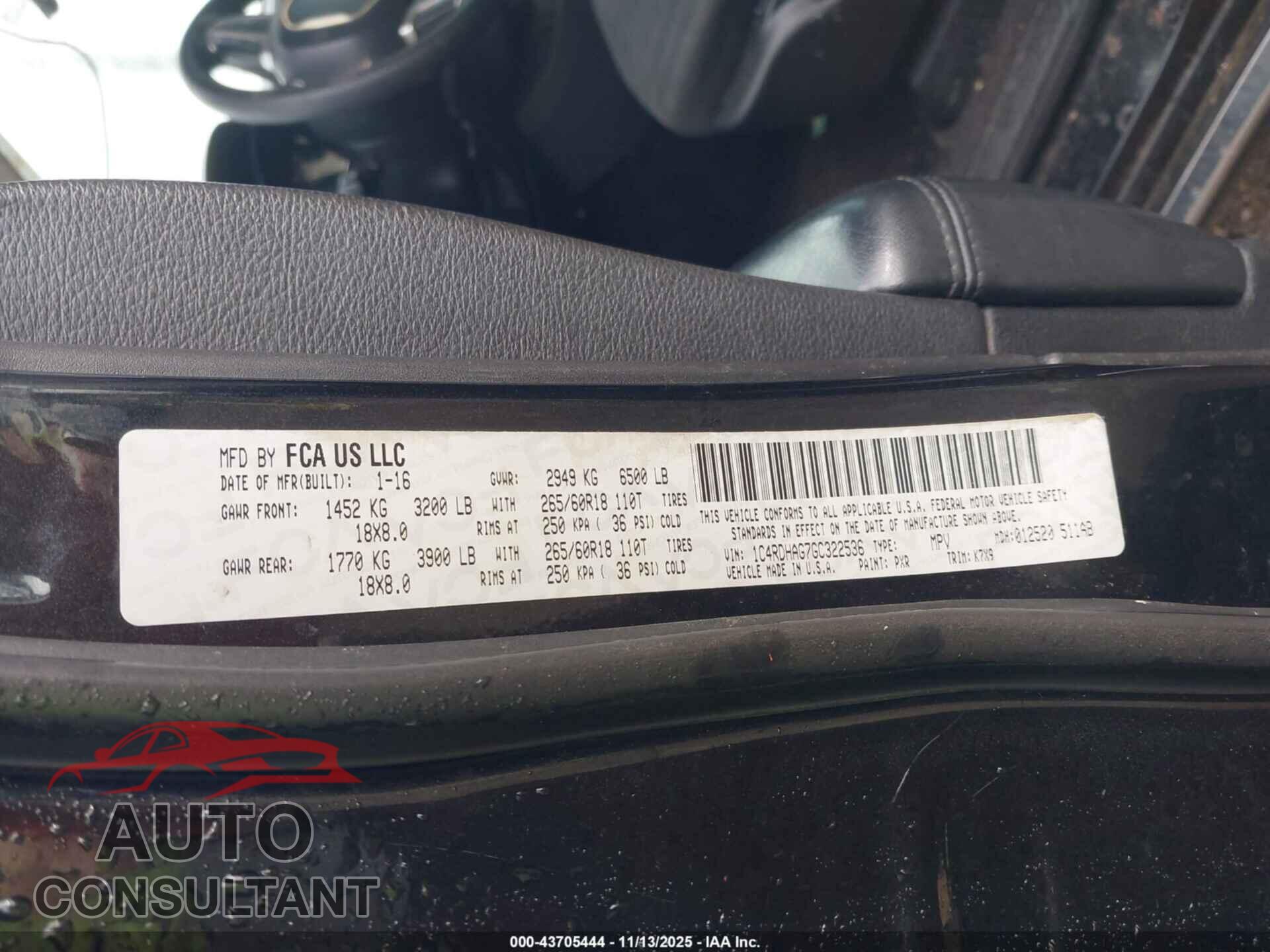 DODGE DURANGO 2016 - 1C4RDHAG7GC322536