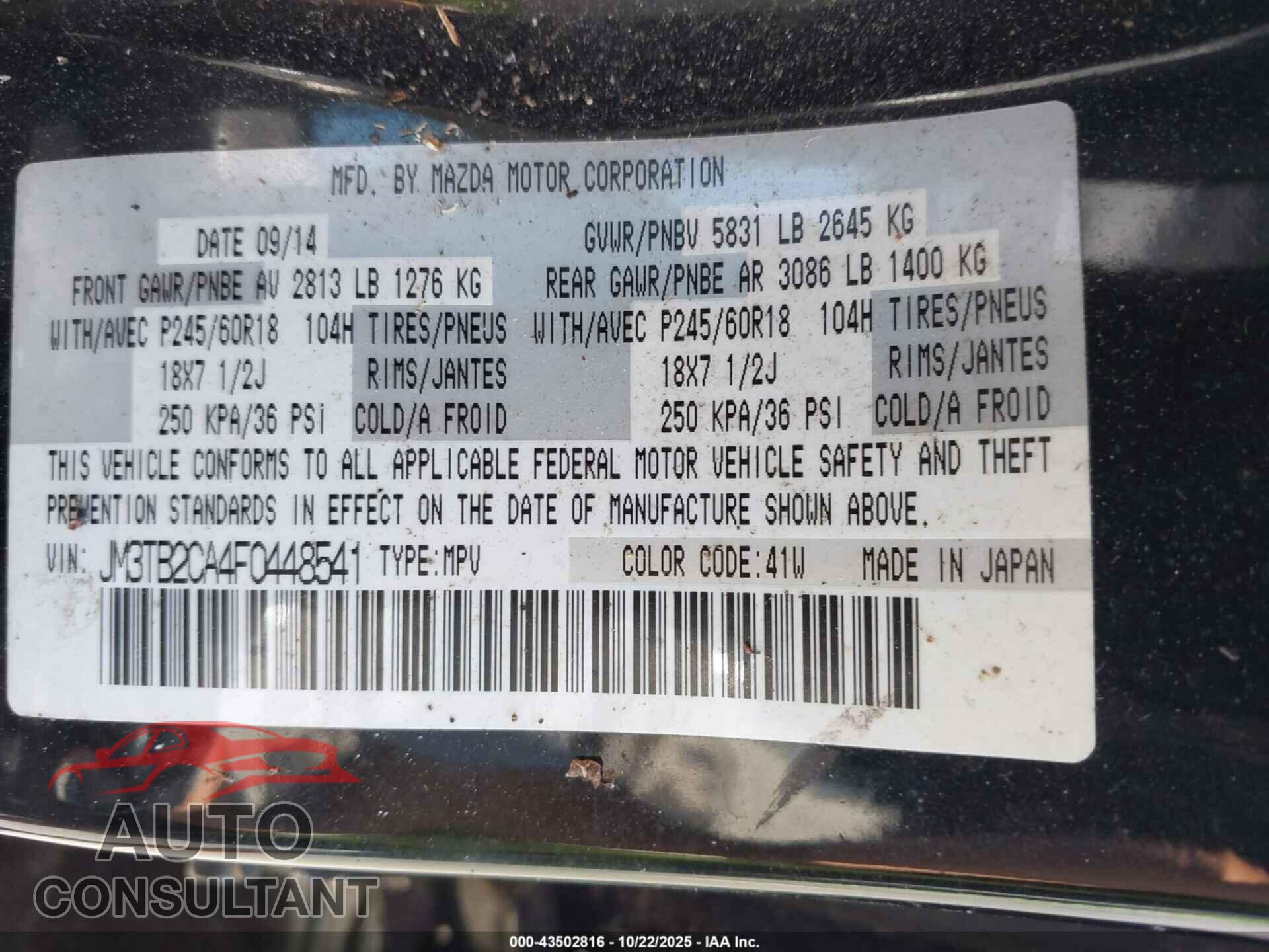 MAZDA CX-9 2015 - JM3TB2CA4F0448541
