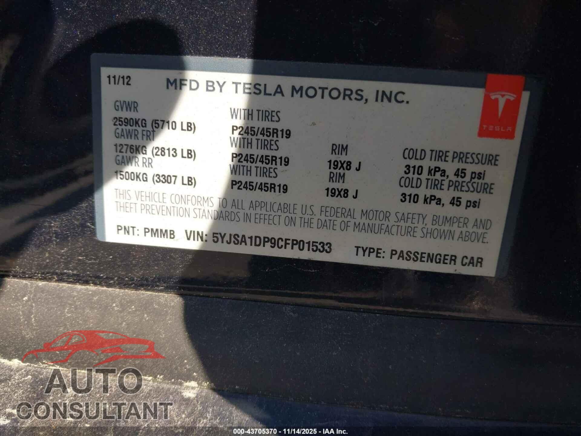 TESLA MODEL S 2012 - 5YJSA1DP9CFP01533