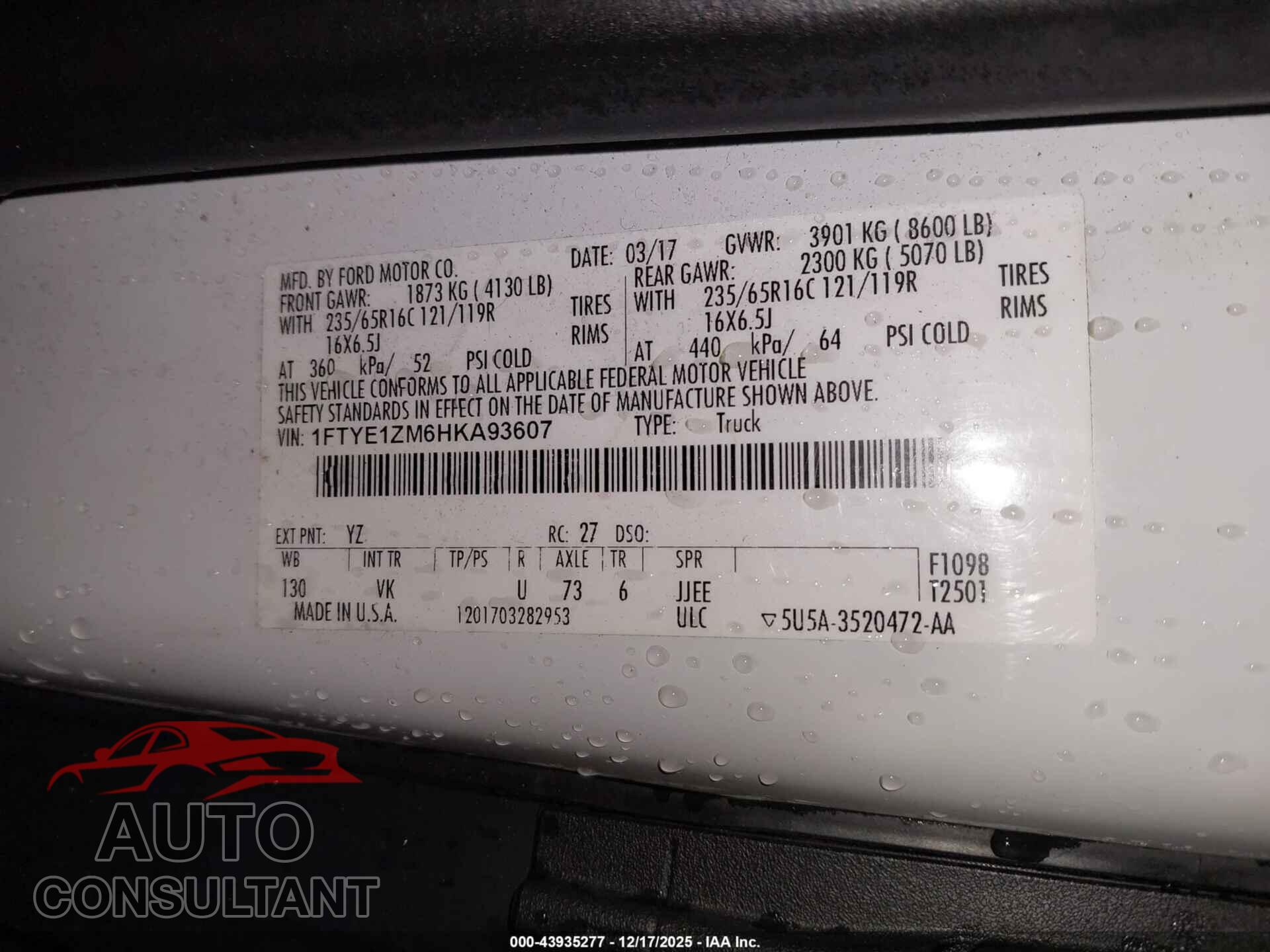 FORD TRANSIT 2017 - 1FTYE1ZM6HKA93607