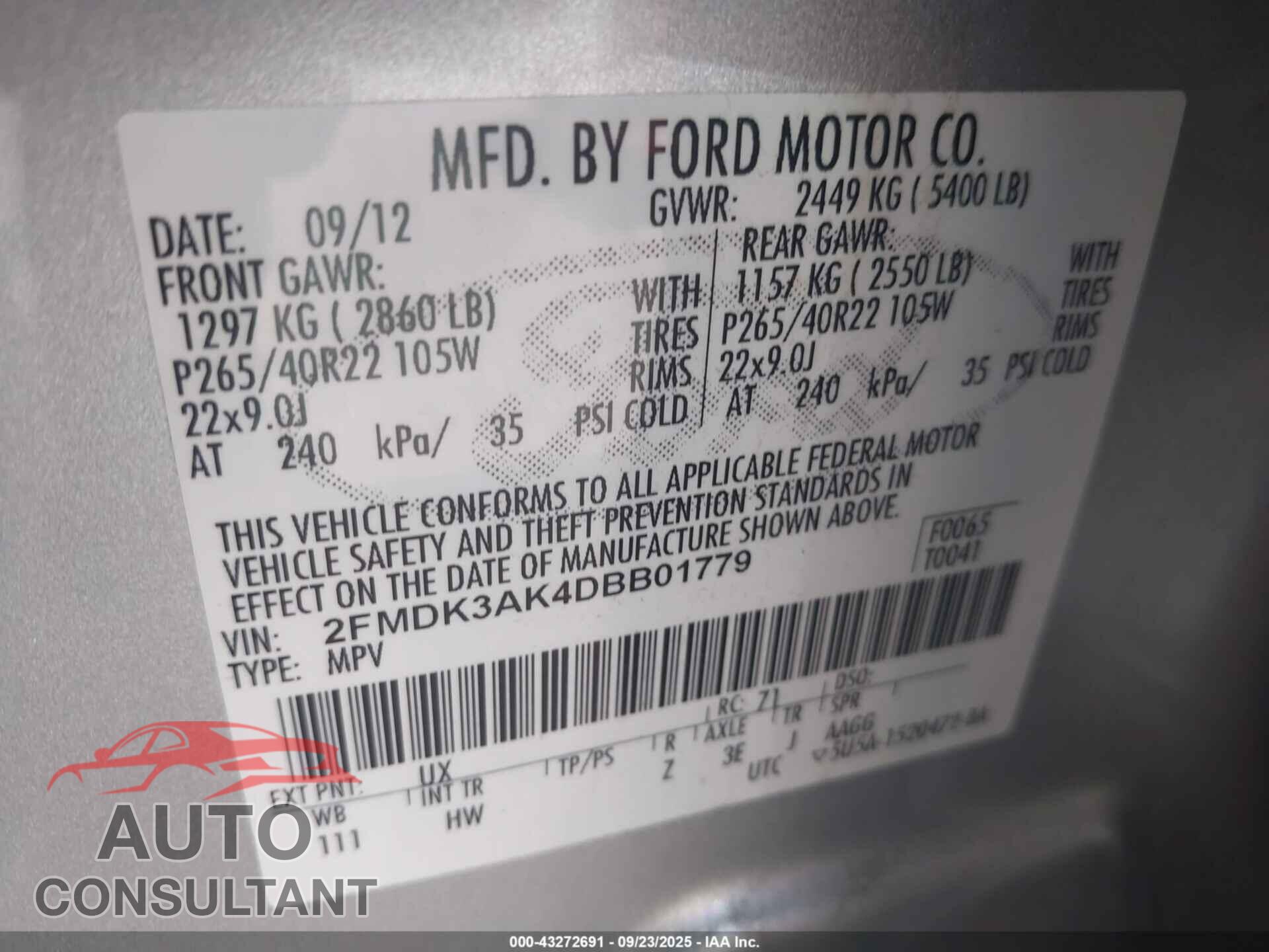 FORD EDGE 2013 - 2FMDK3AK4DBB01779