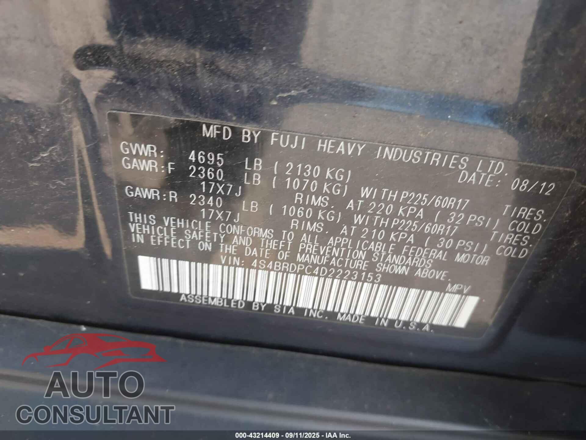 SUBARU OUTBACK 2013 - 4S4BRDPC4D2223153