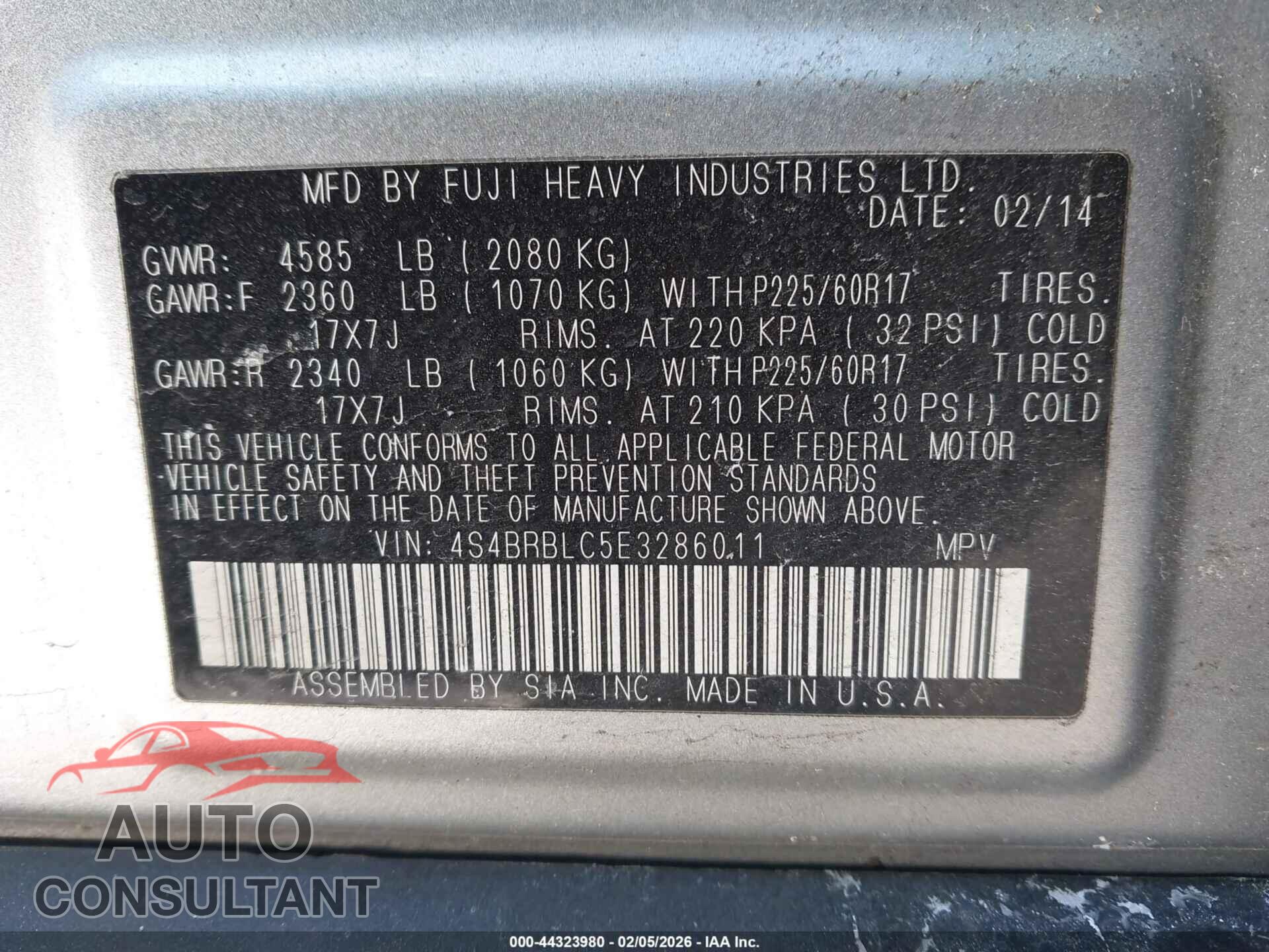 SUBARU OUTBACK 2014 - 4S4BRBLC5E3286011