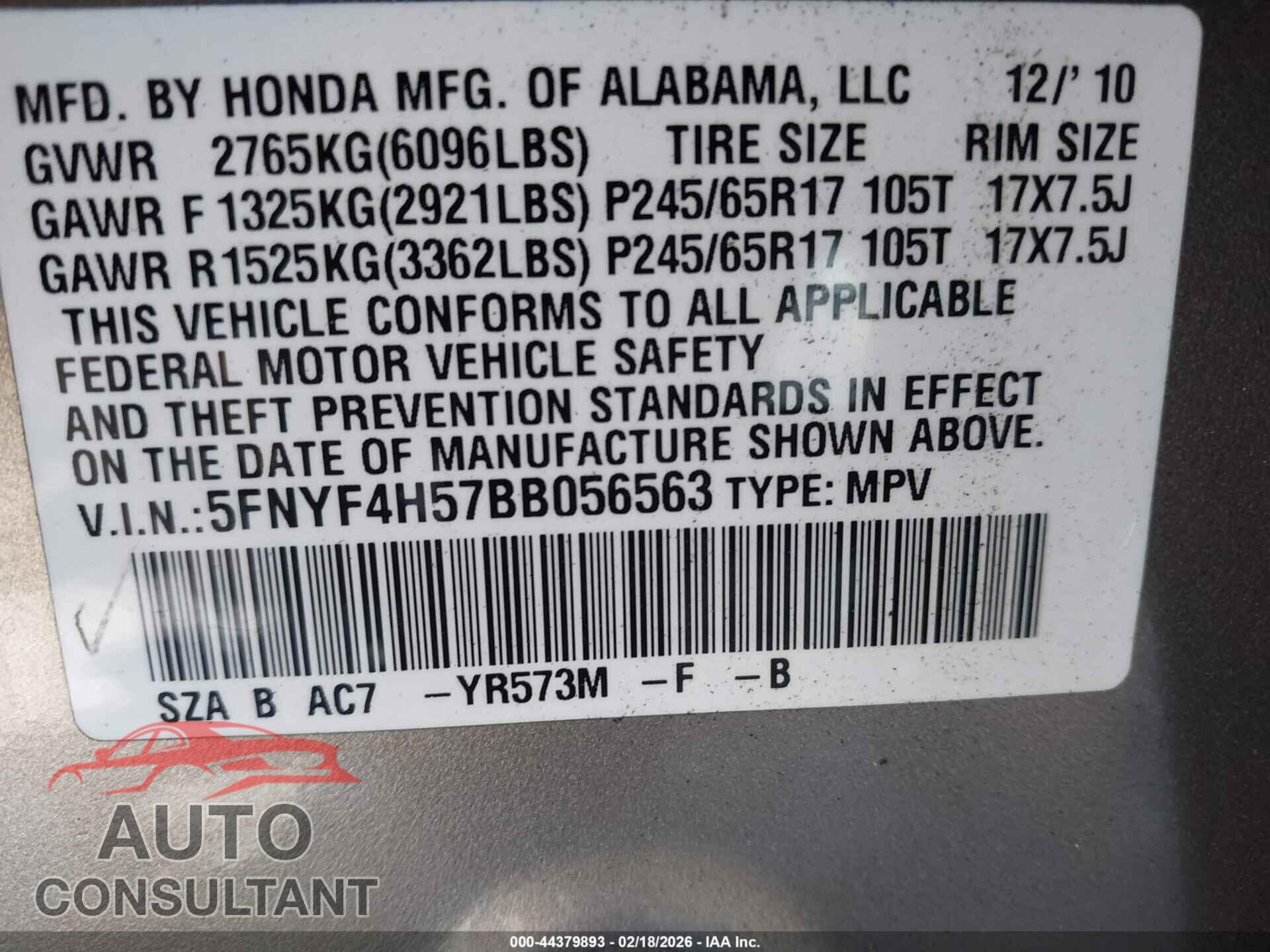 HONDA PILOT 2011 - 5FNYF4H57BB056563