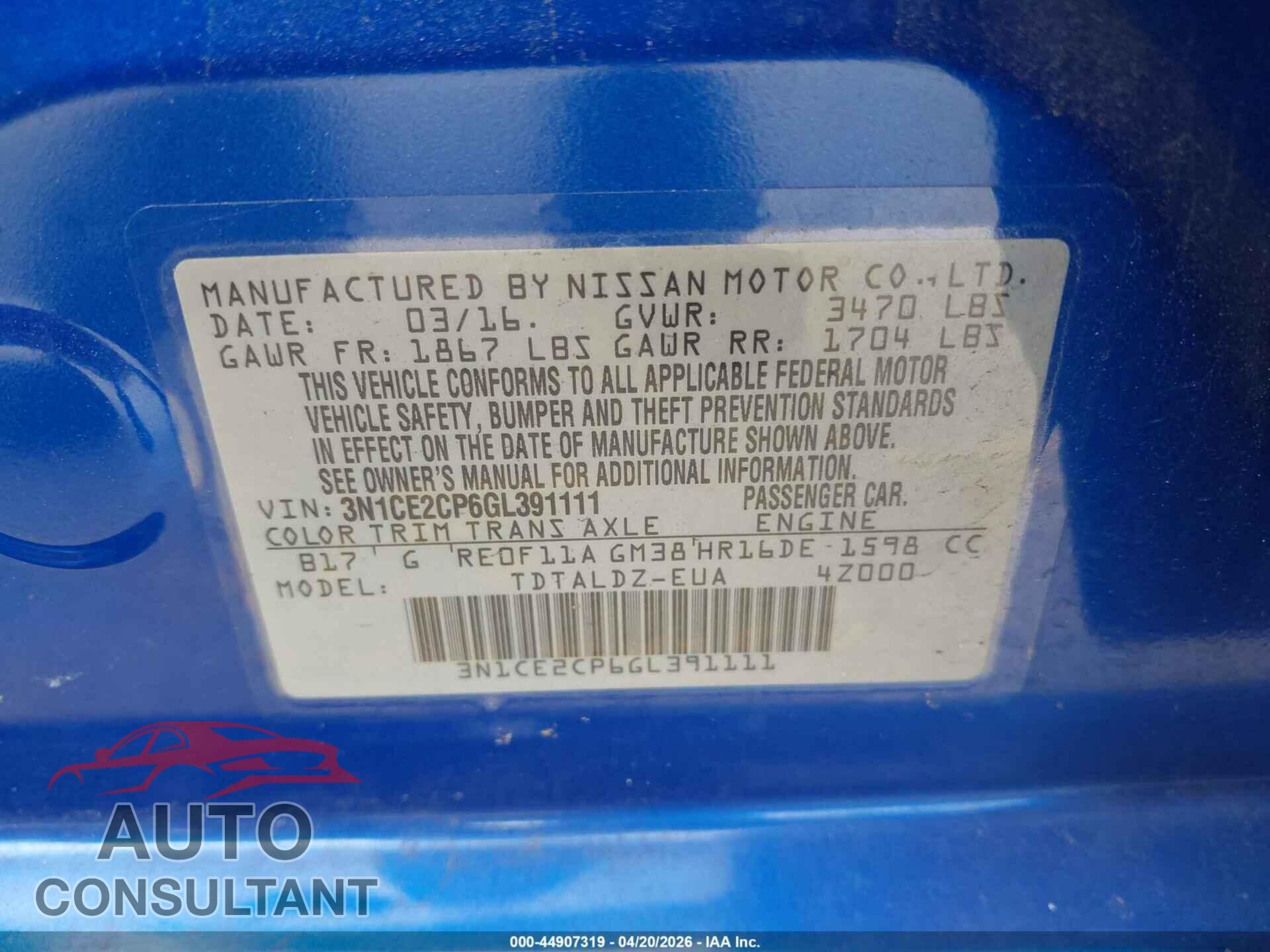 NISSAN VERSA NOTE 2016 - 3N1CE2CP6GL391111
