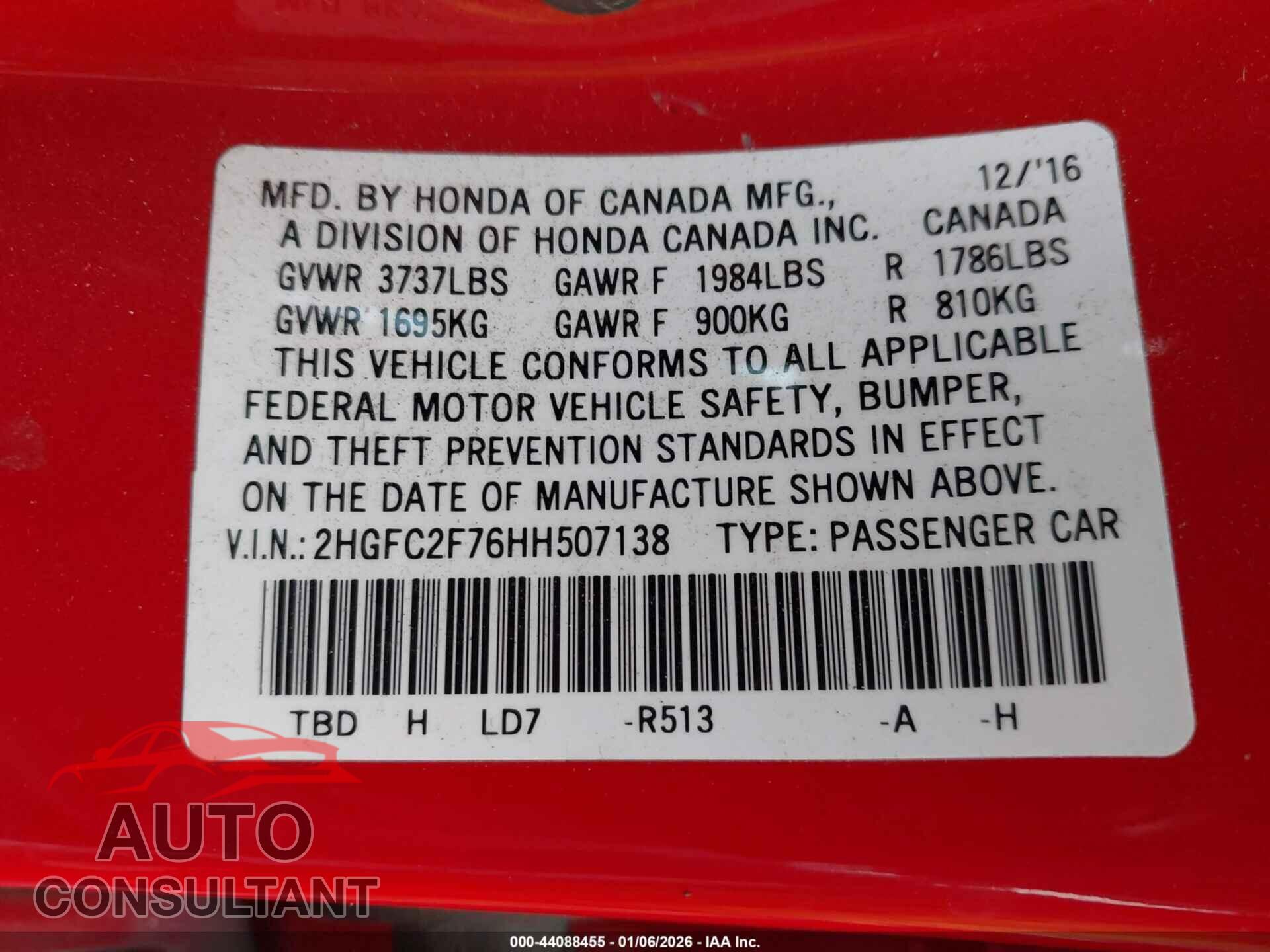 HONDA CIVIC 2017 - 2HGFC2F76HH507138