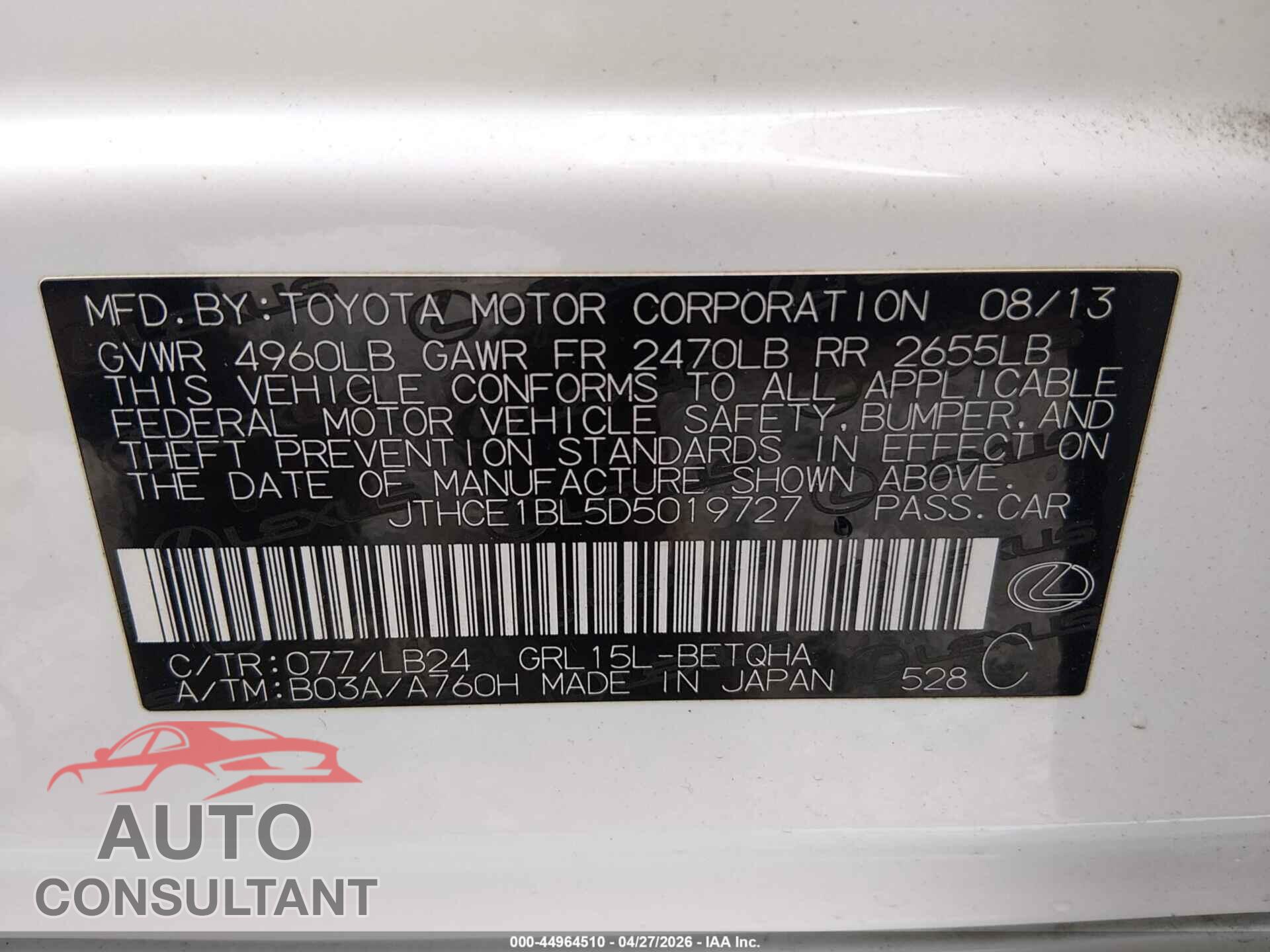 LEXUS GS 350 2013 - JTHCE1BL5D5019727