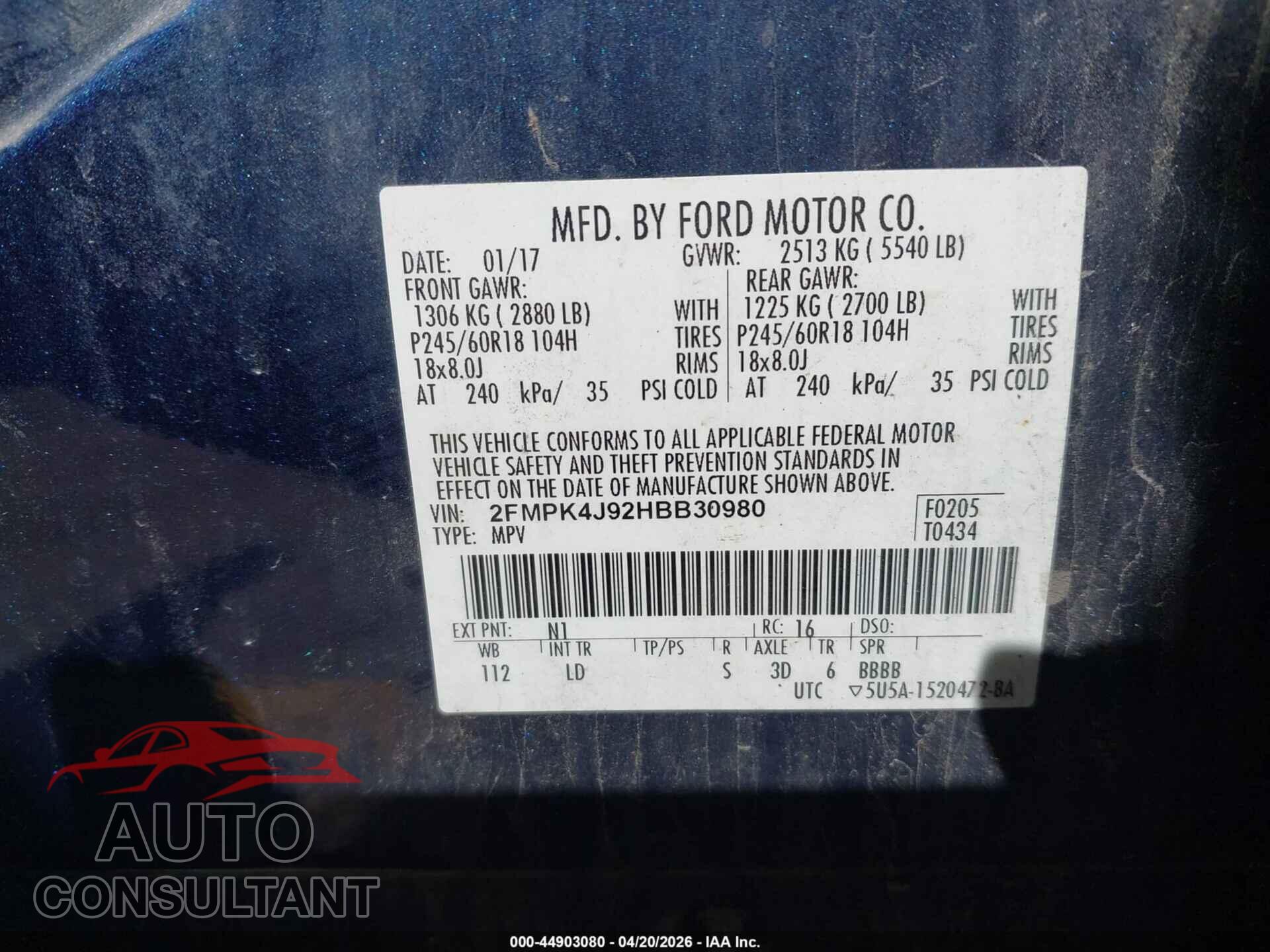 FORD EDGE 2017 - 2FMPK4J92HBB30980