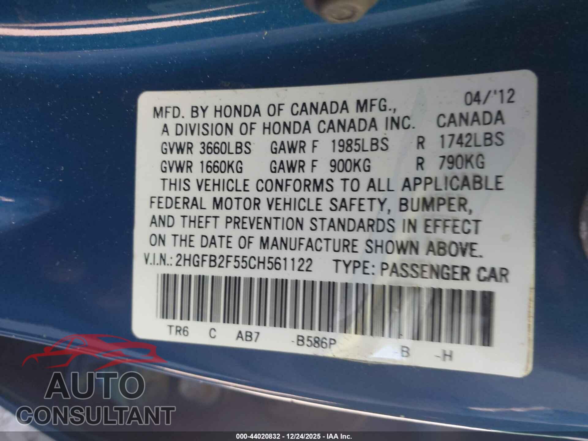 HONDA CIVIC 2012 - 2HGFB2F55CH561122