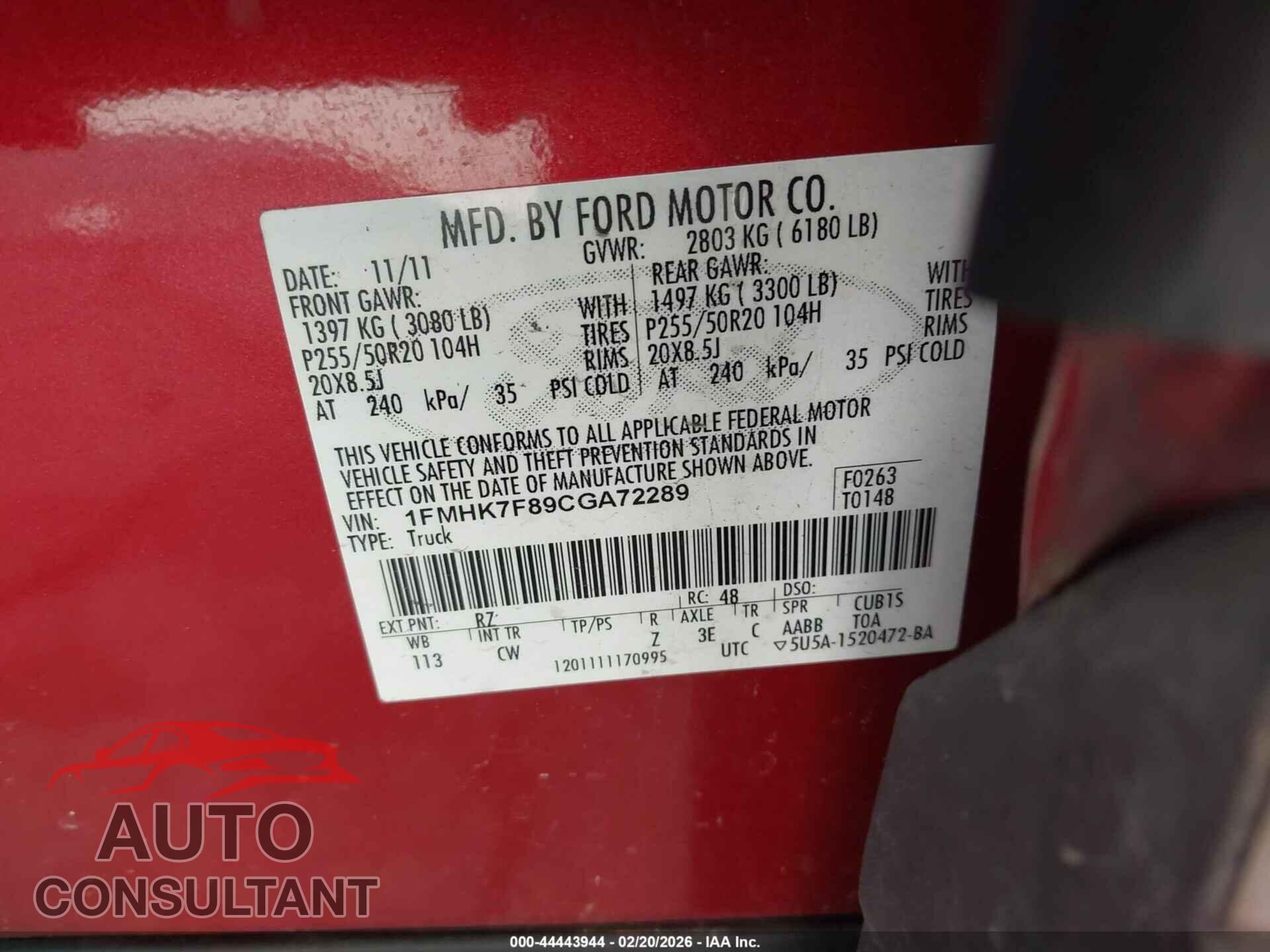 FORD EXPLORER 2012 - 1FMHK7F89CGA72289