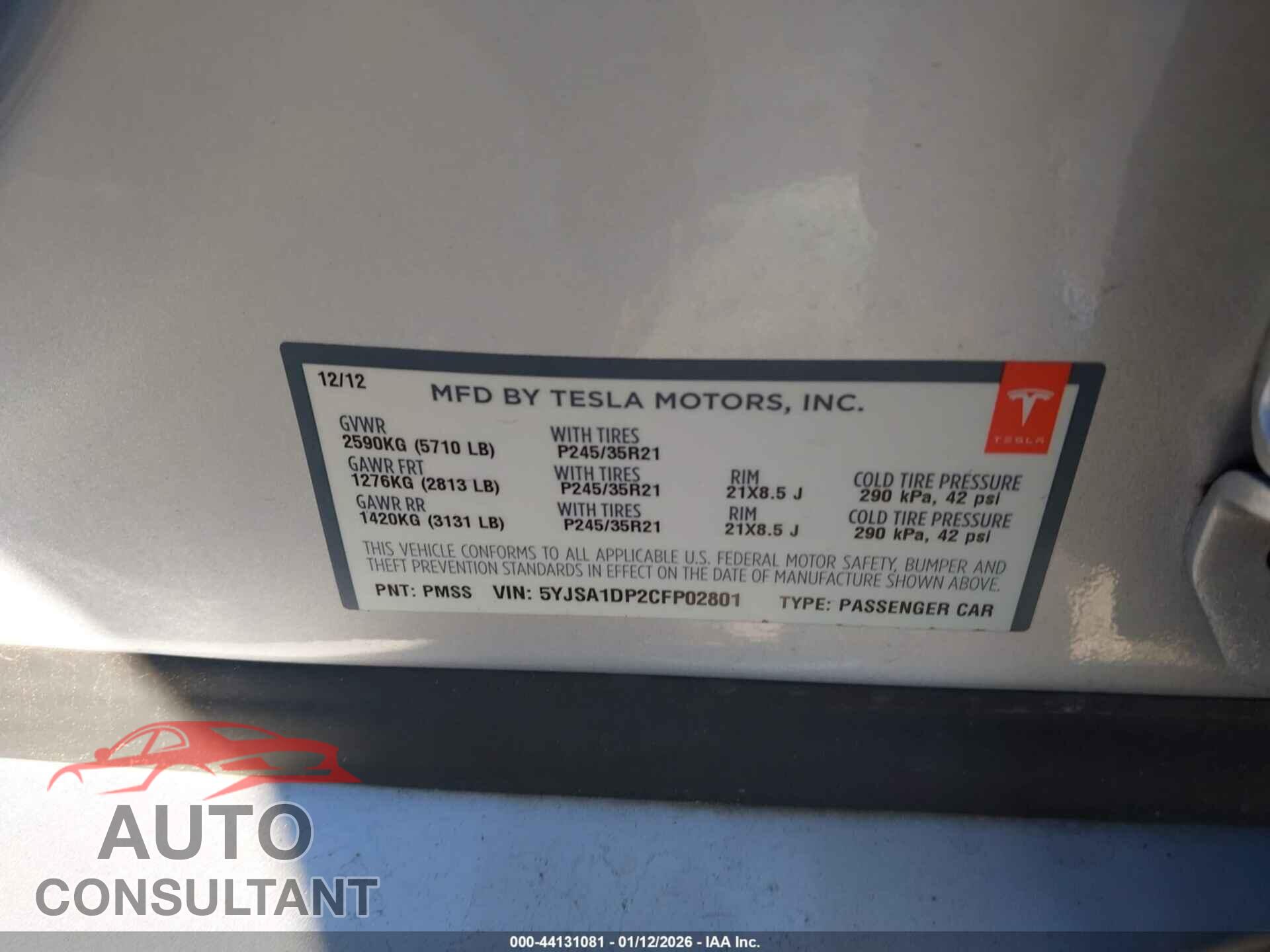 TESLA MODEL S 2012 - 5YJSA1DP2CFP02801