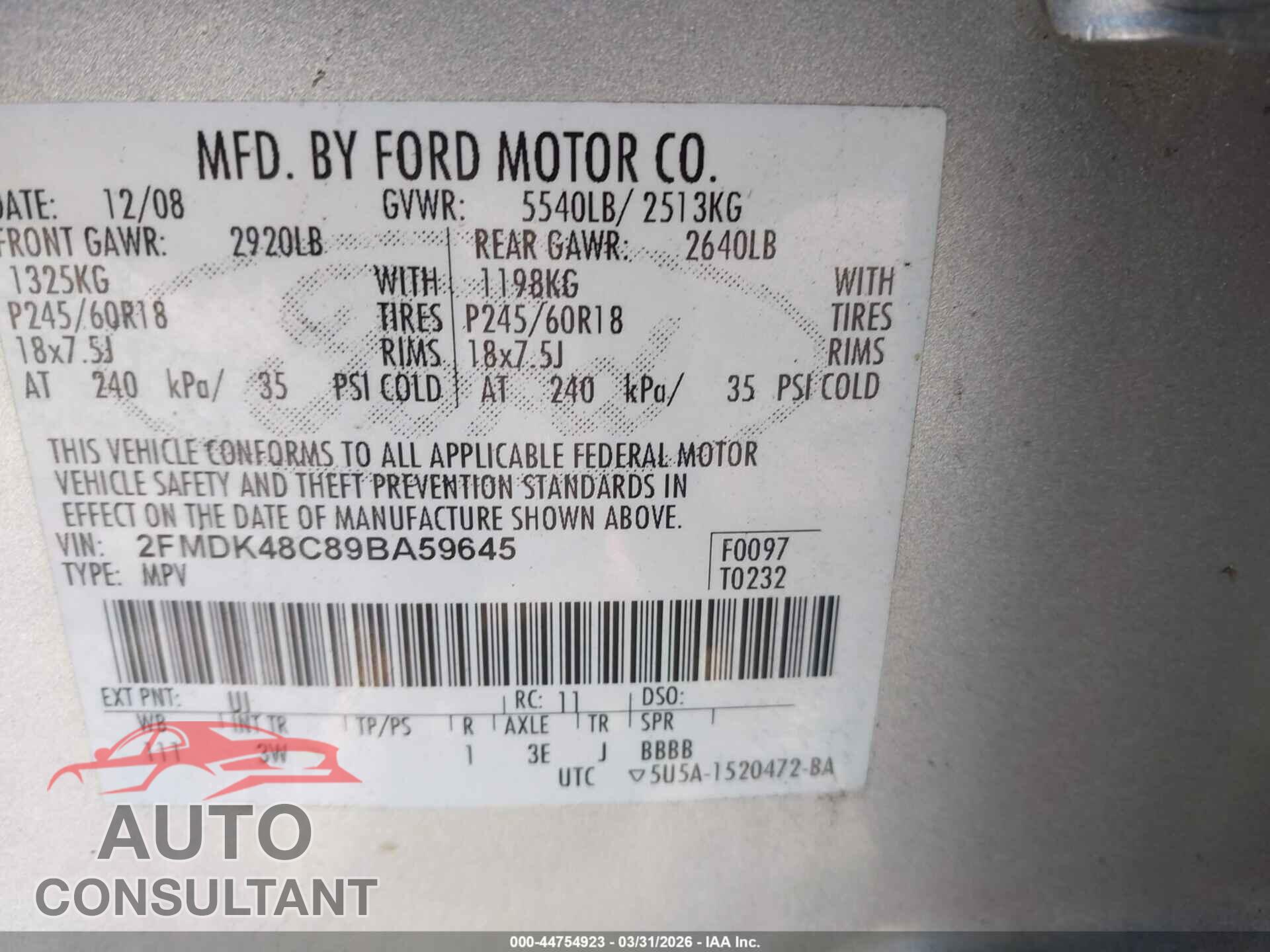 FORD EDGE 2009 - 2FMDK48C89BA59645