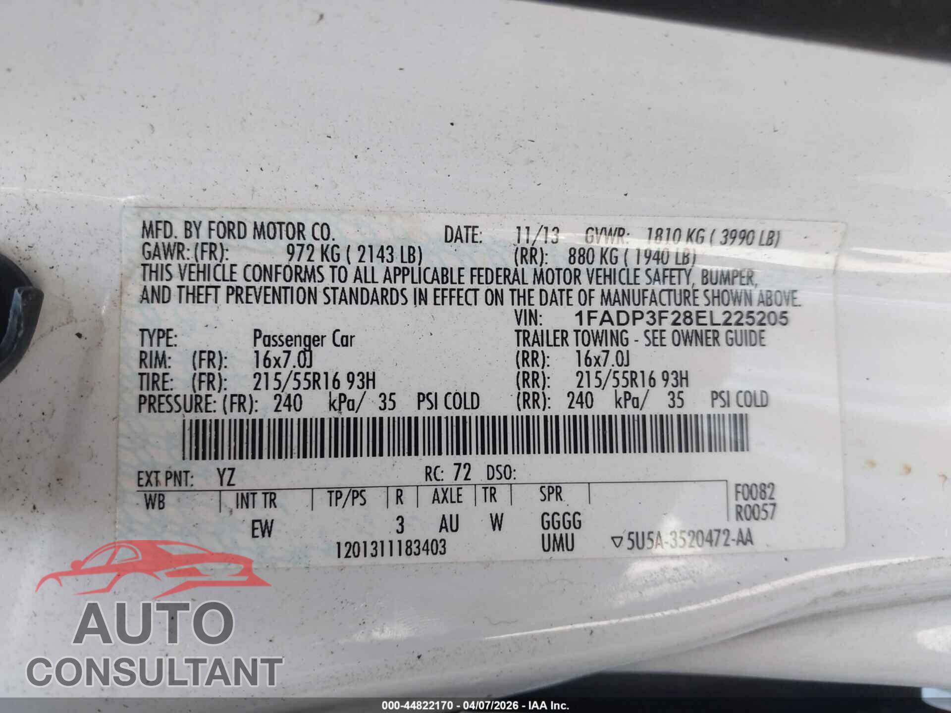 FORD FOCUS 2014 - 1FADP3F28EL225205