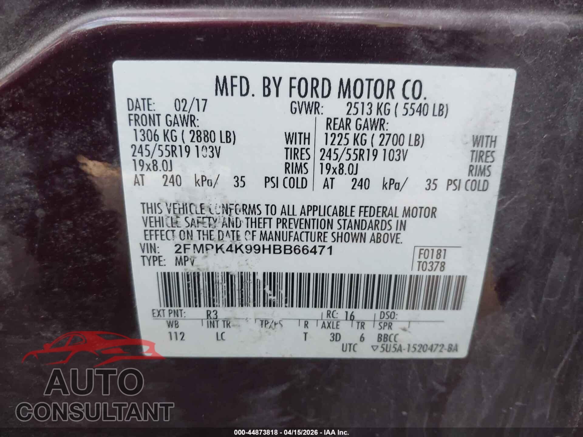 FORD EDGE 2017 - 2FMPK4K99HBB66471