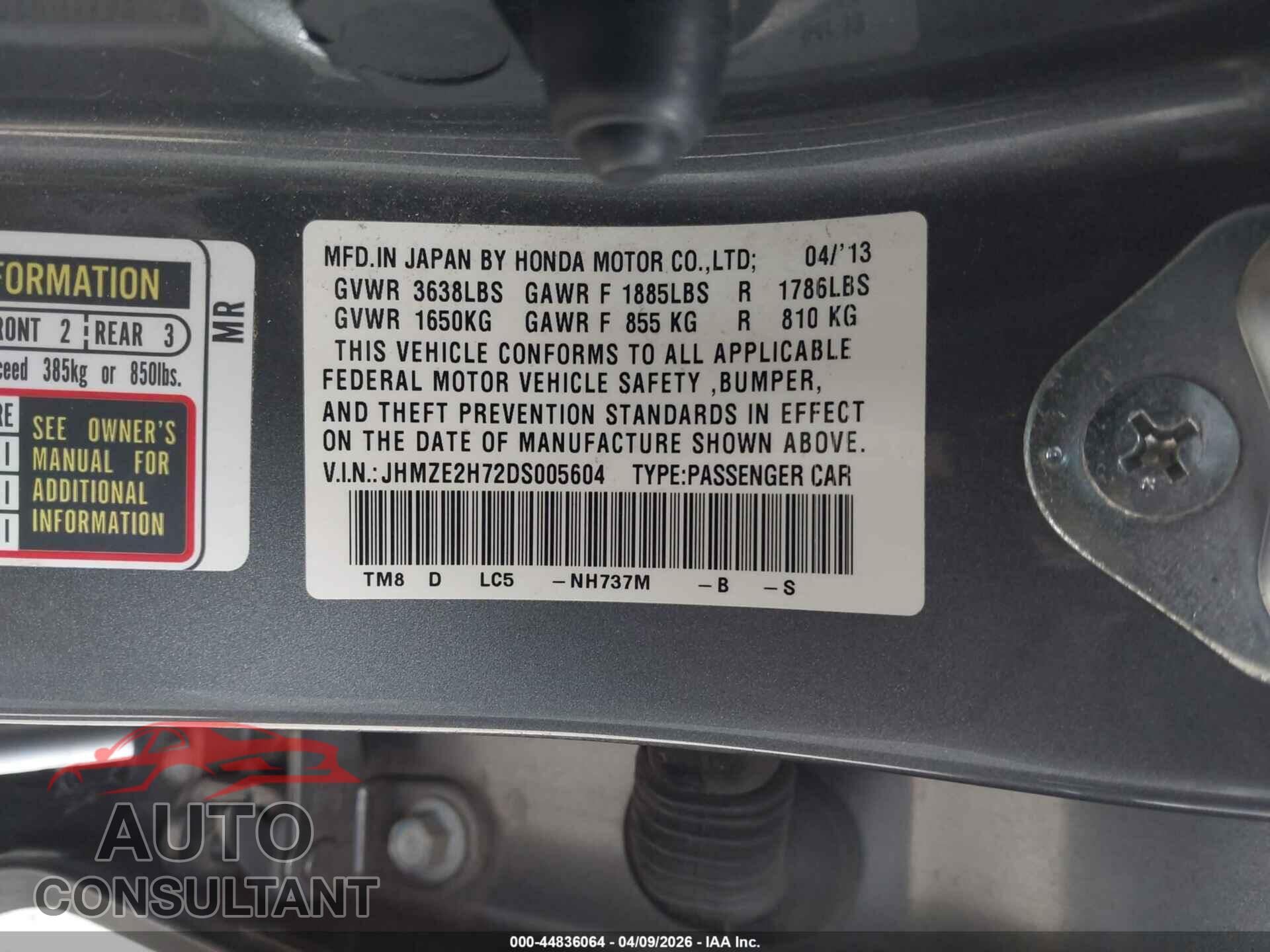 HONDA INSIGHT 2013 - JHMZE2H72DS005604