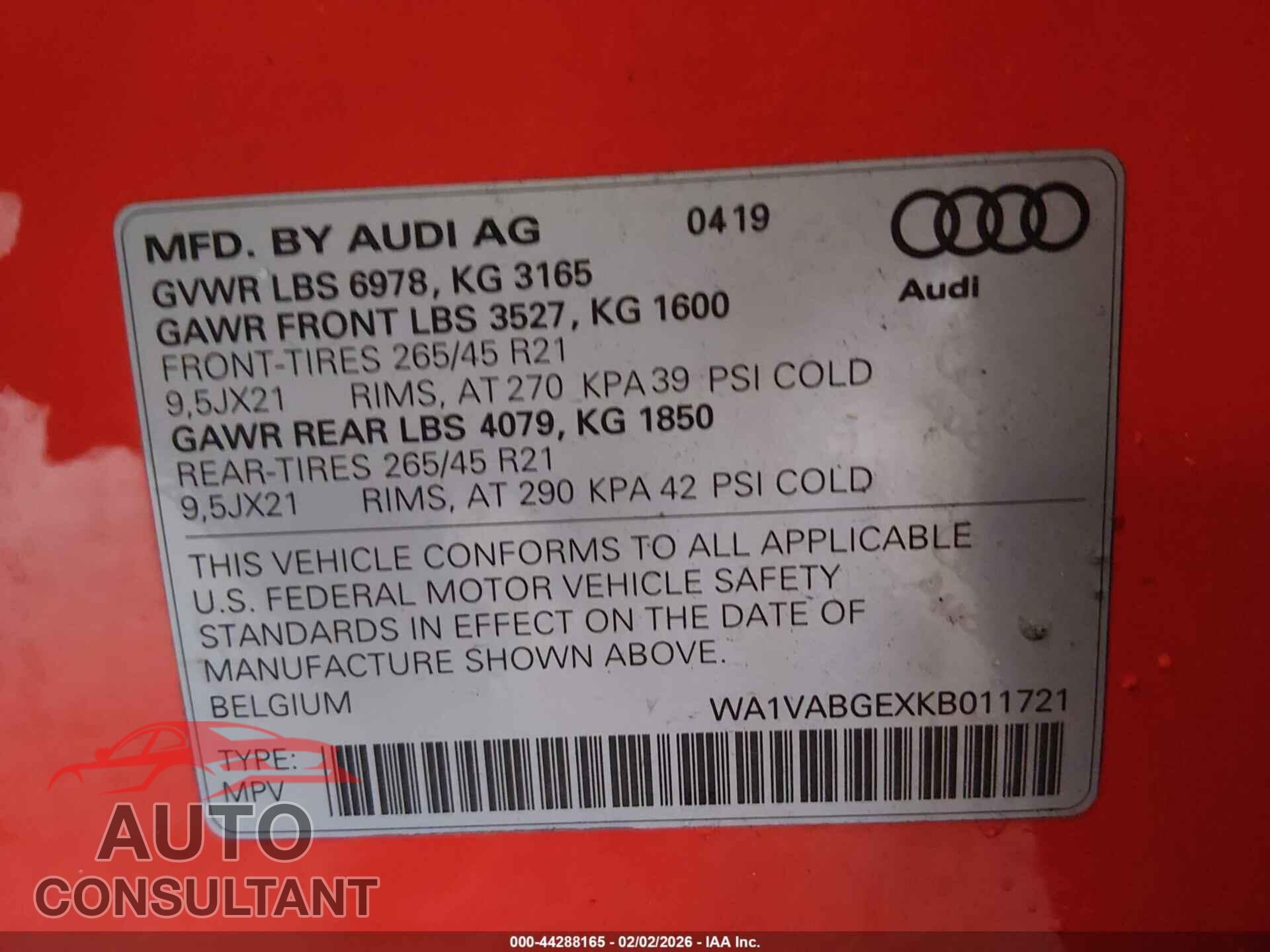 AUDI E-TRON 2019 - WA1VABGEXKB011721