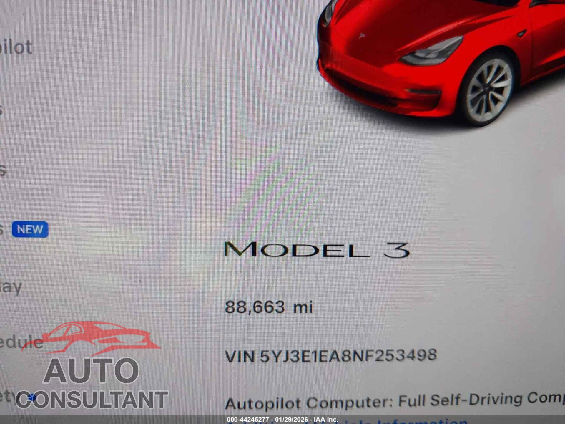 TESLA MODEL 3 2022 - 5YJ3E1EA8NF253498