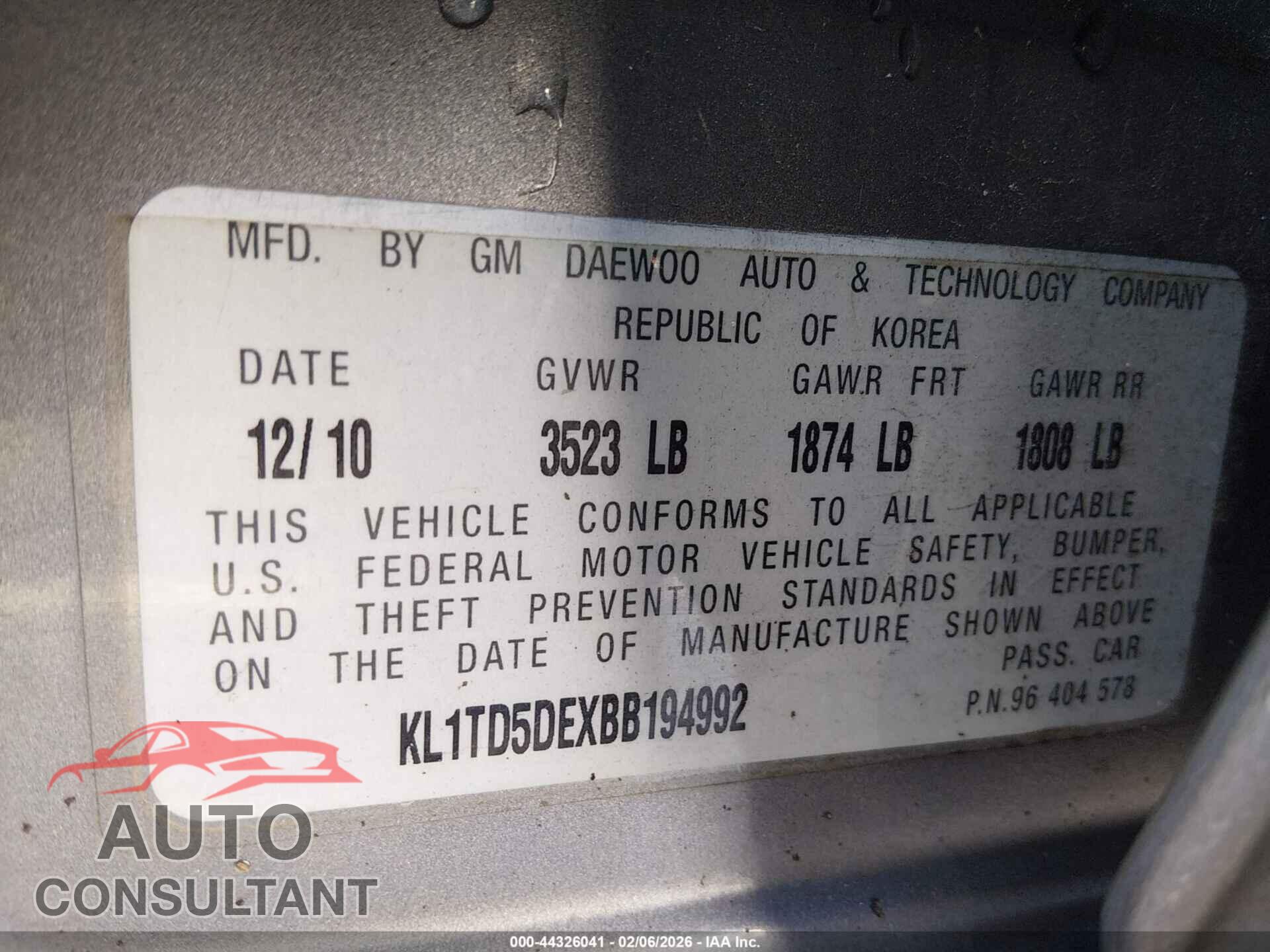 CHEVROLET AVEO 2011 - KL1TD5DEXBB194992