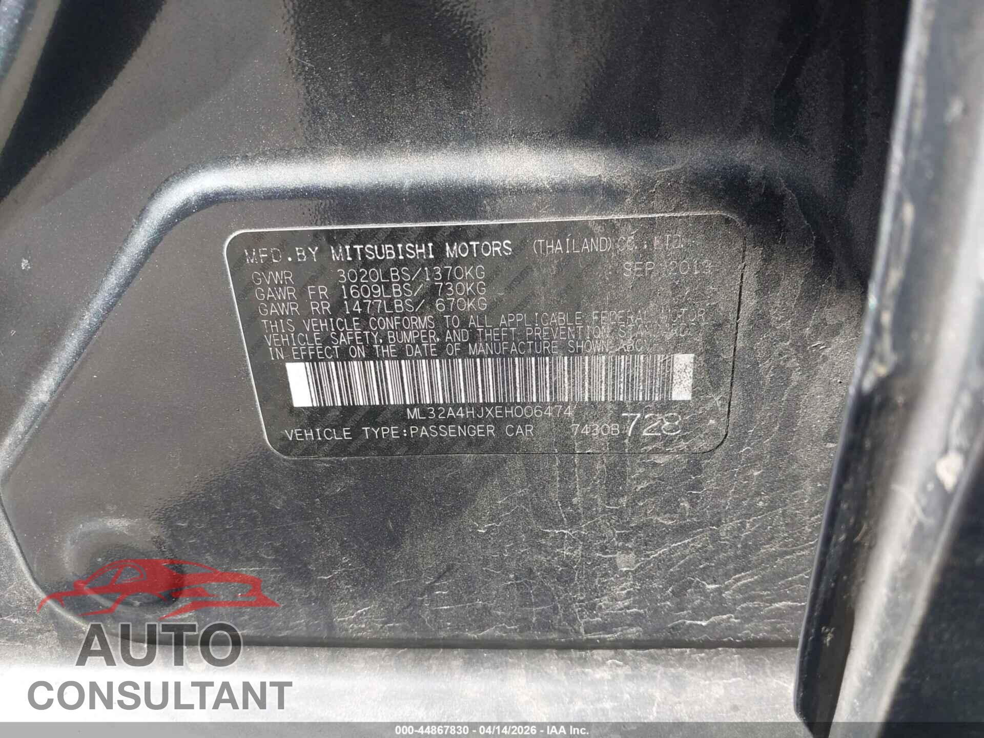MITSUBISHI MIRAGE 2014 - ML32A4HJXEH006474